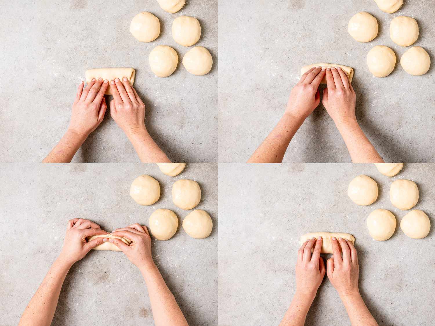 Four image collage of folding roll dough 