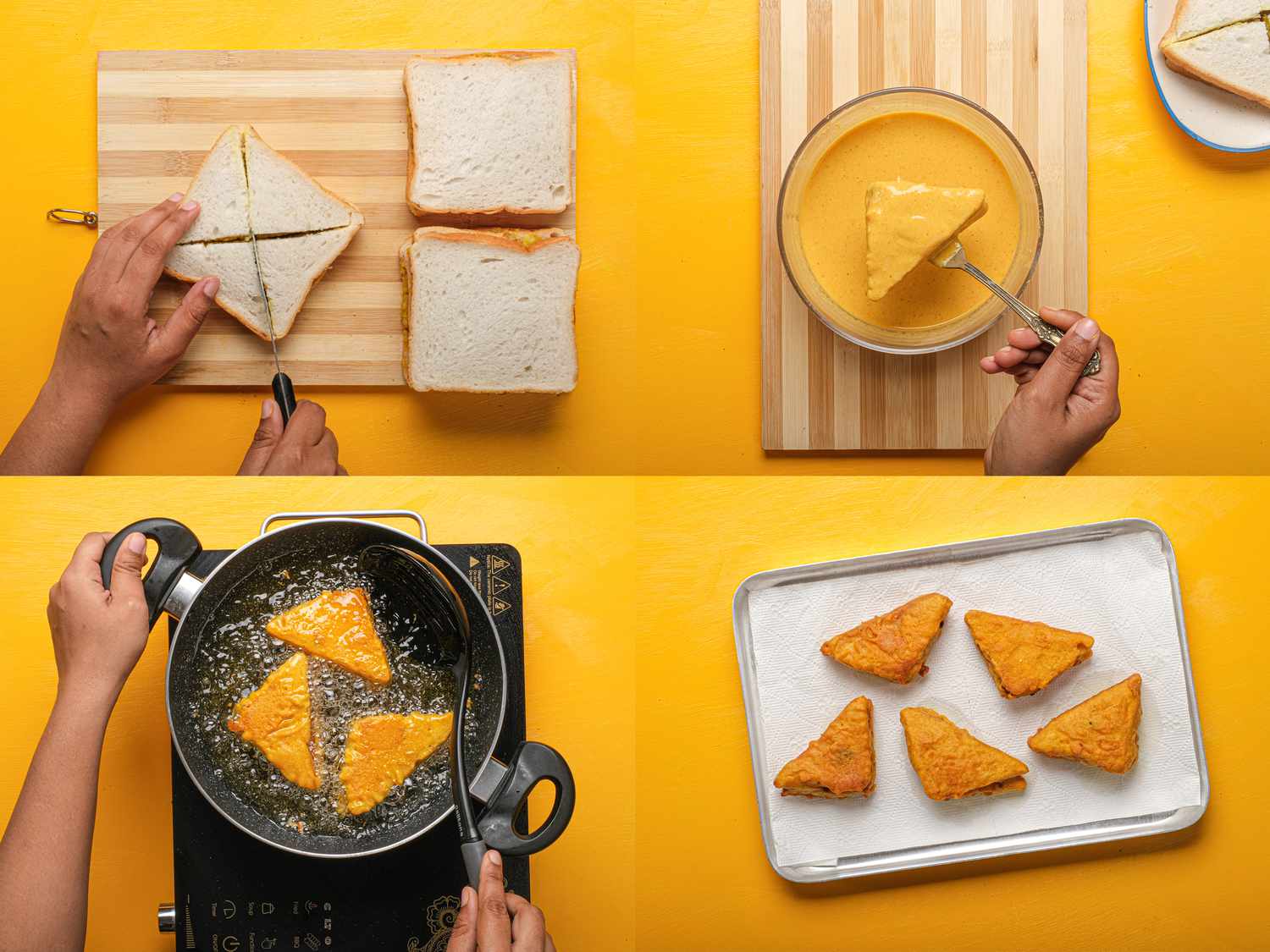 Four image collage of frying bread pakora