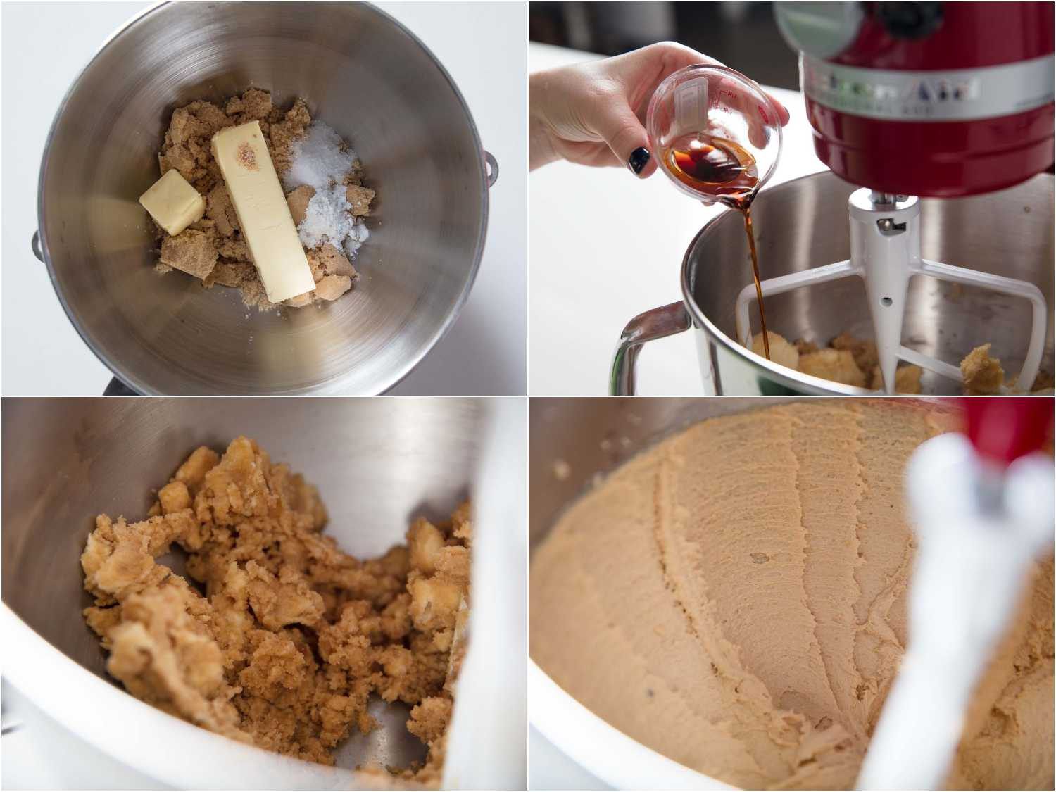 Composite illustrating stages of creamy butter and sugar for pumpkin cake; adding vanilla extract.