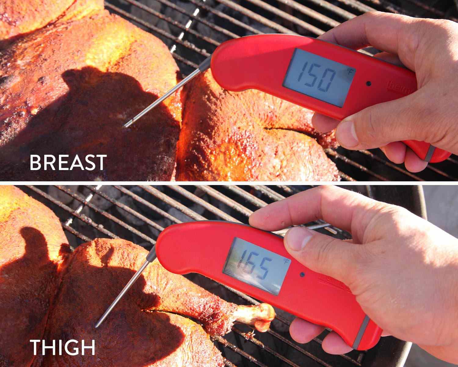 Taking the temperature on a smoked turkey's breast and thigh. On the breast, the thermometer reads 150 degrees Farenheit, on the thigh it reads 165 degrees Farenheit. 