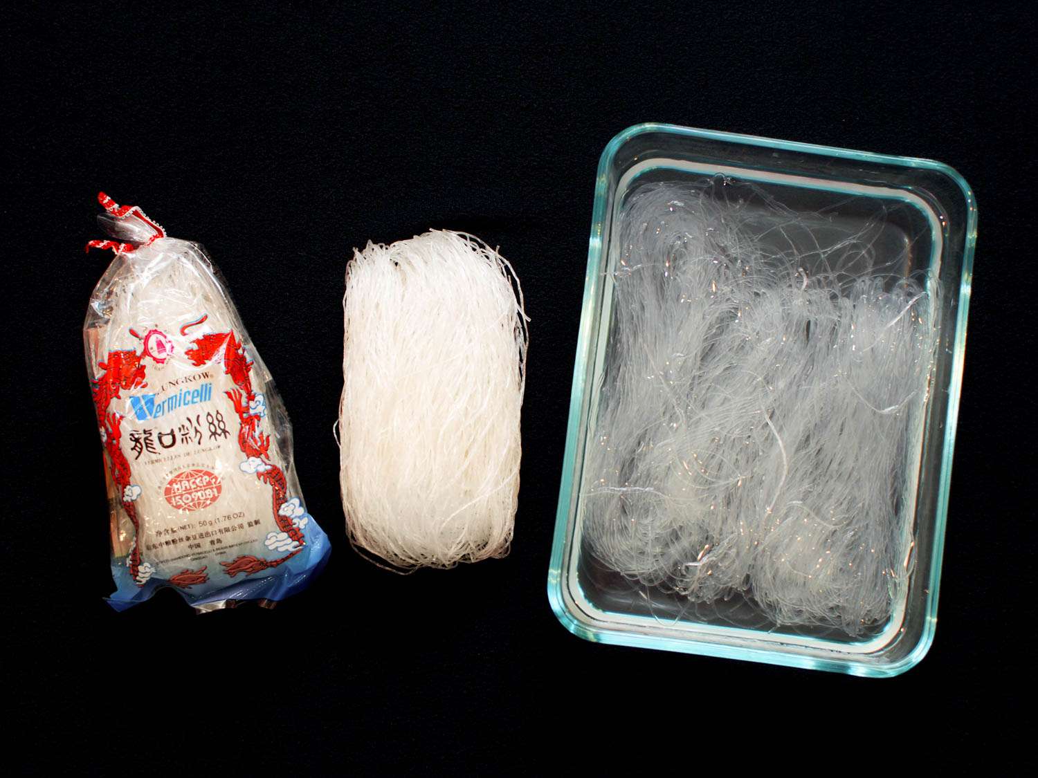 Bean thread noodles in their package, out of the package, and soaking in a dish of water.