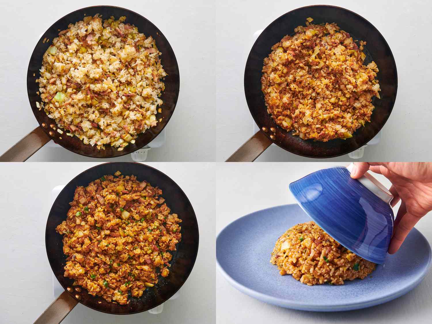 Rice well combined with vegetables inside skillet 