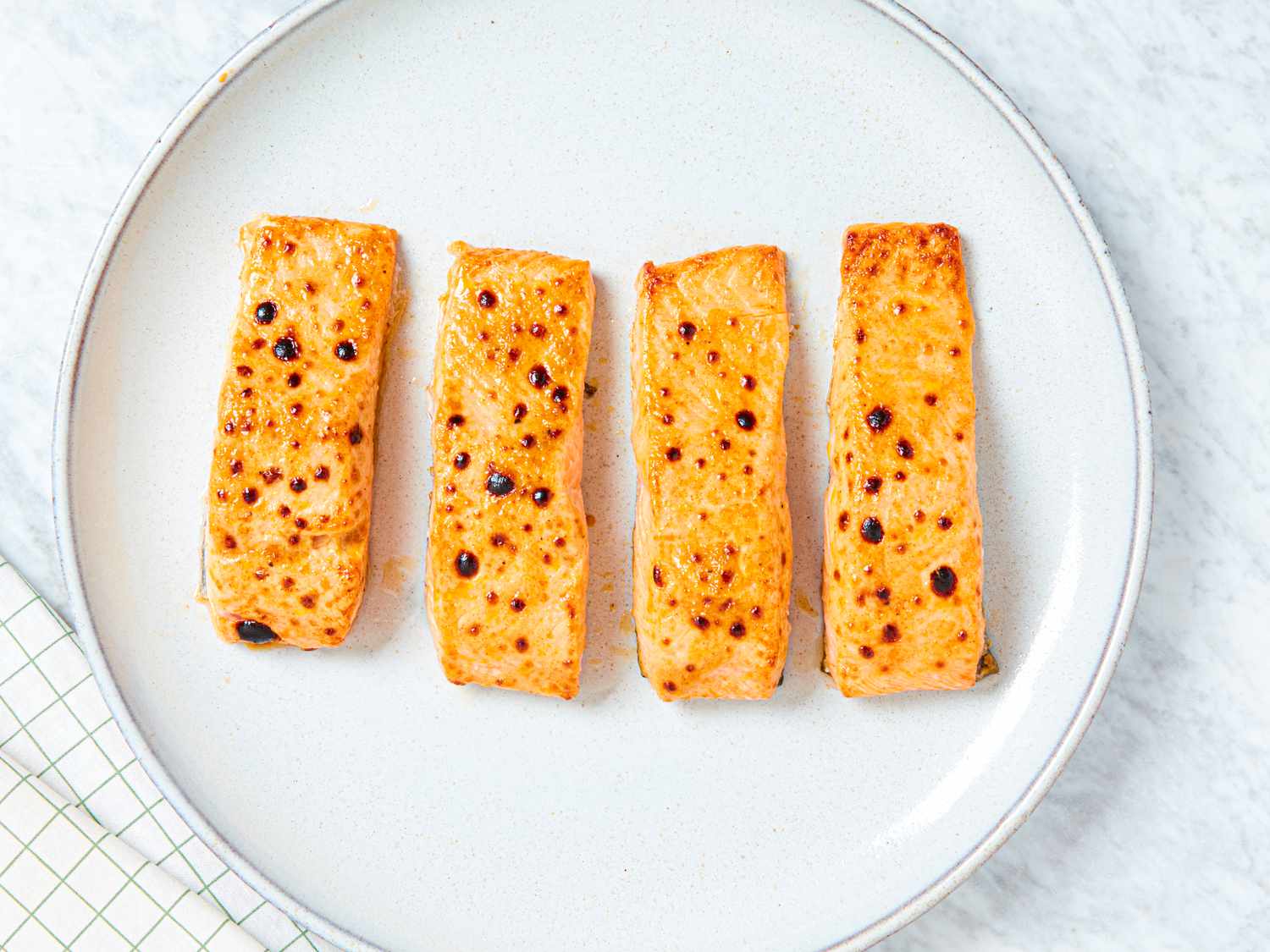 Overhead view of broiled salmon
