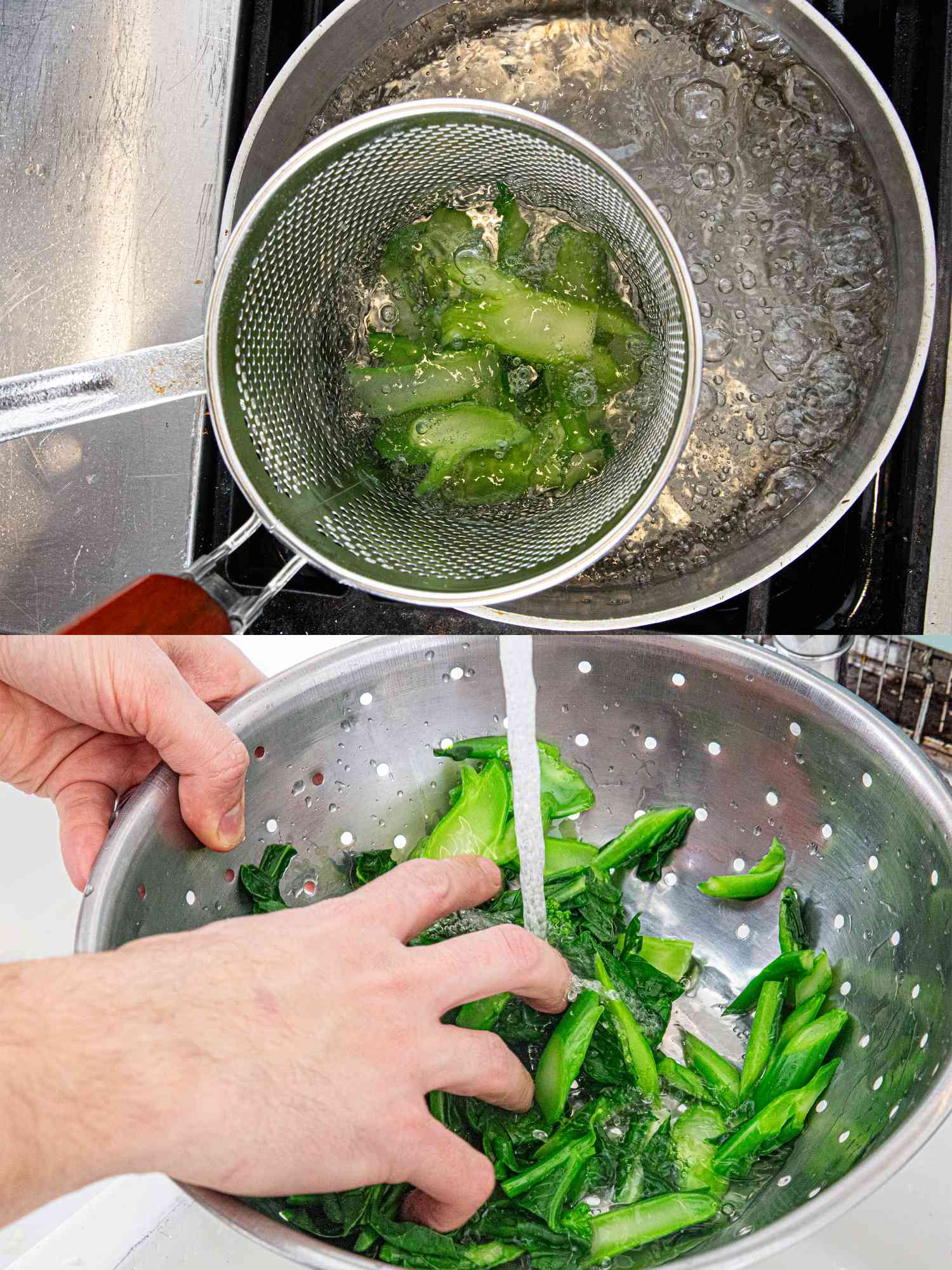 Two image collage of blanching and rinsing broccoli 