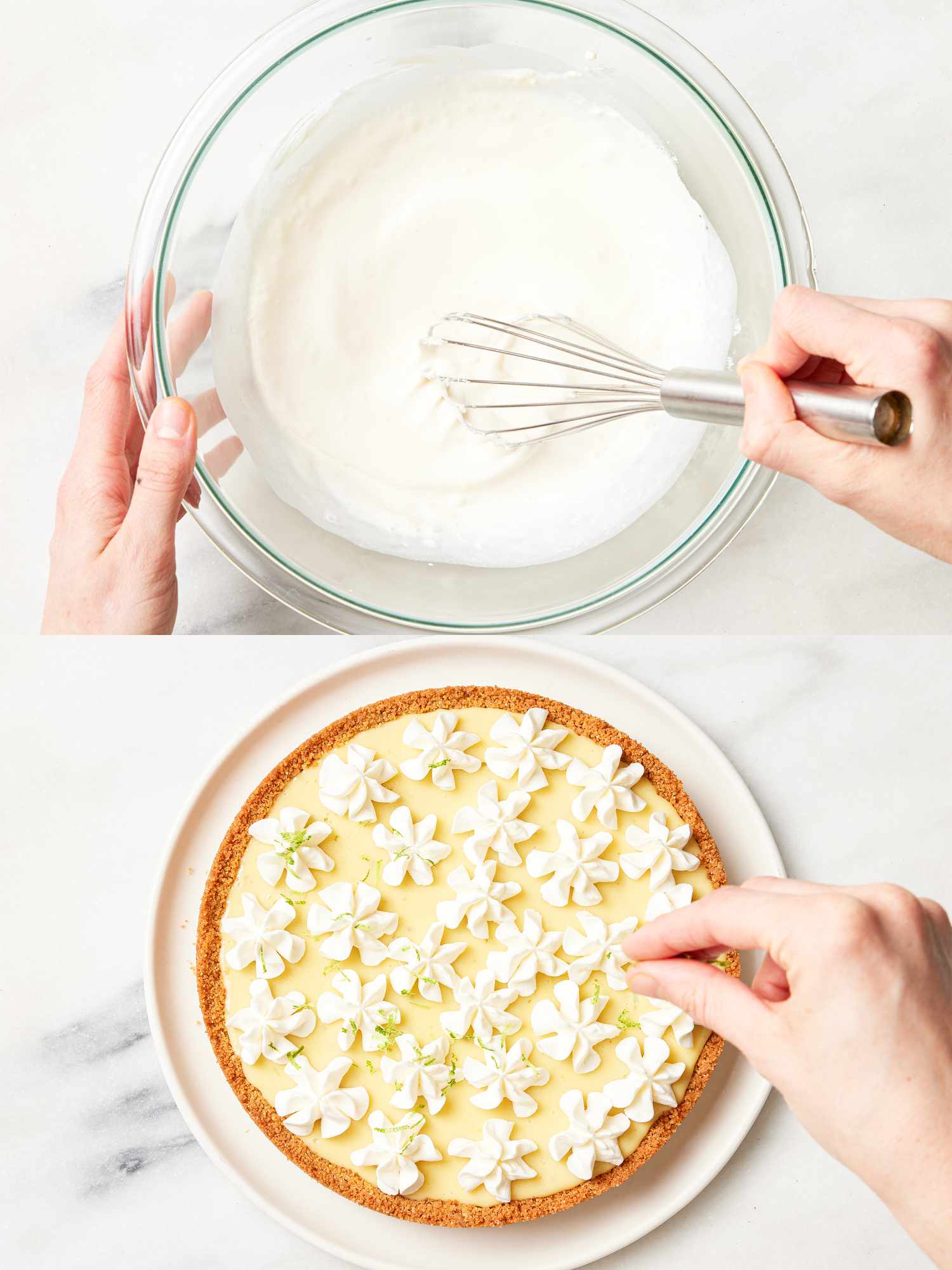 Two image collage of whipping topping and piping onto cake