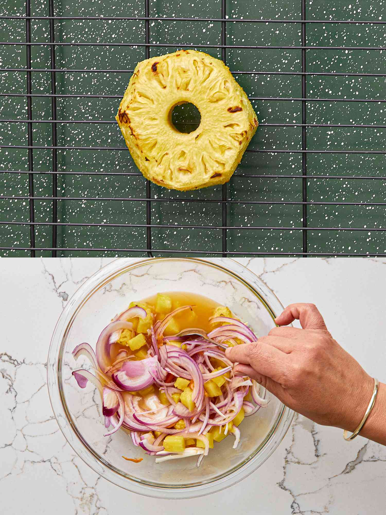 Two images: a thick, lightly charred slice of pineapple on s cooking rack; the finished xnipec.