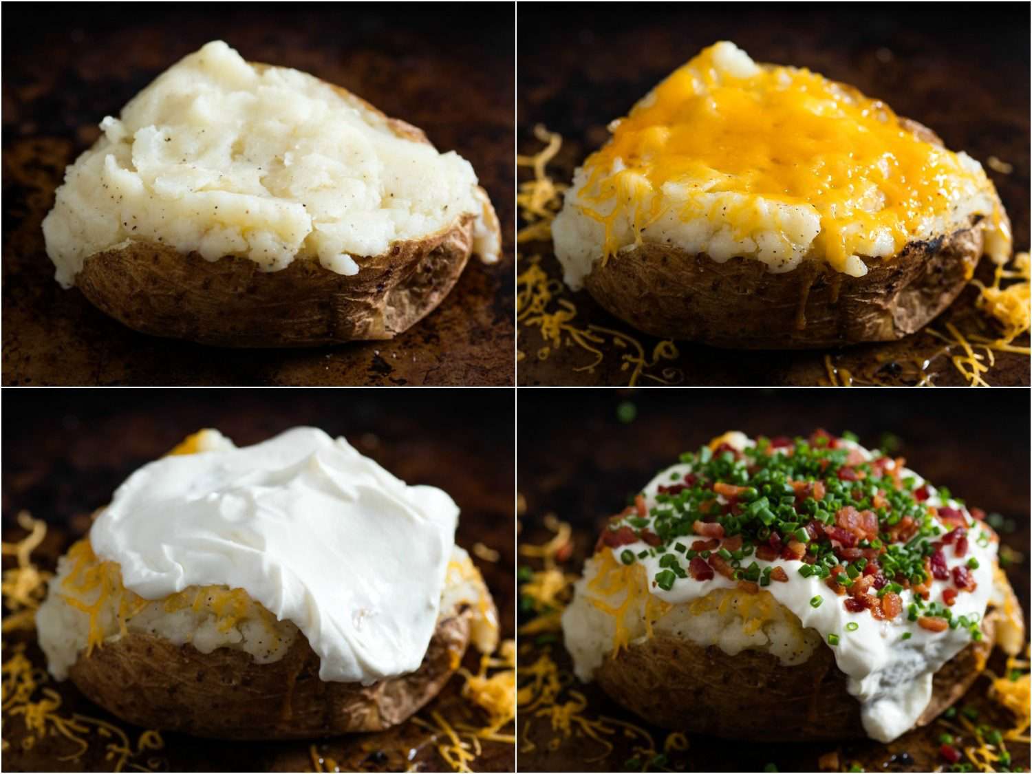 Photo split in four, showing stages of stuffing a baked potato with cheese, sour cream, bacon, and scallions.
