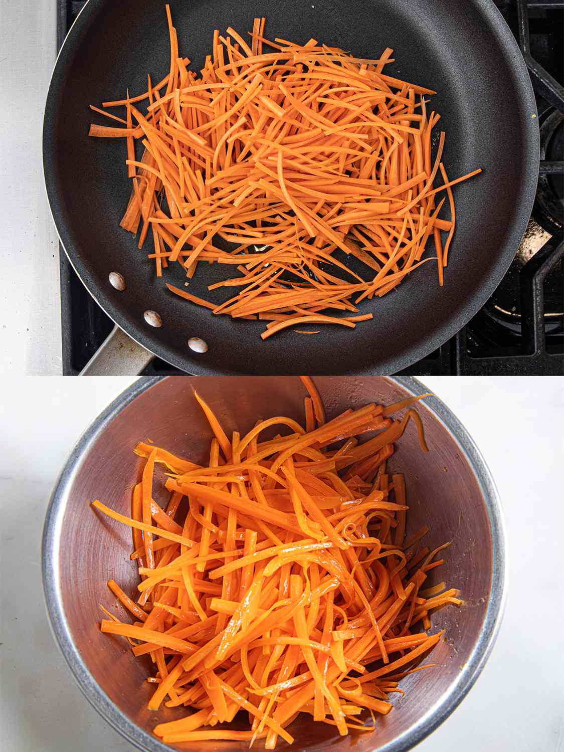 Two image collage of carrots cooking in a pan and then being transferred to a metal bowl