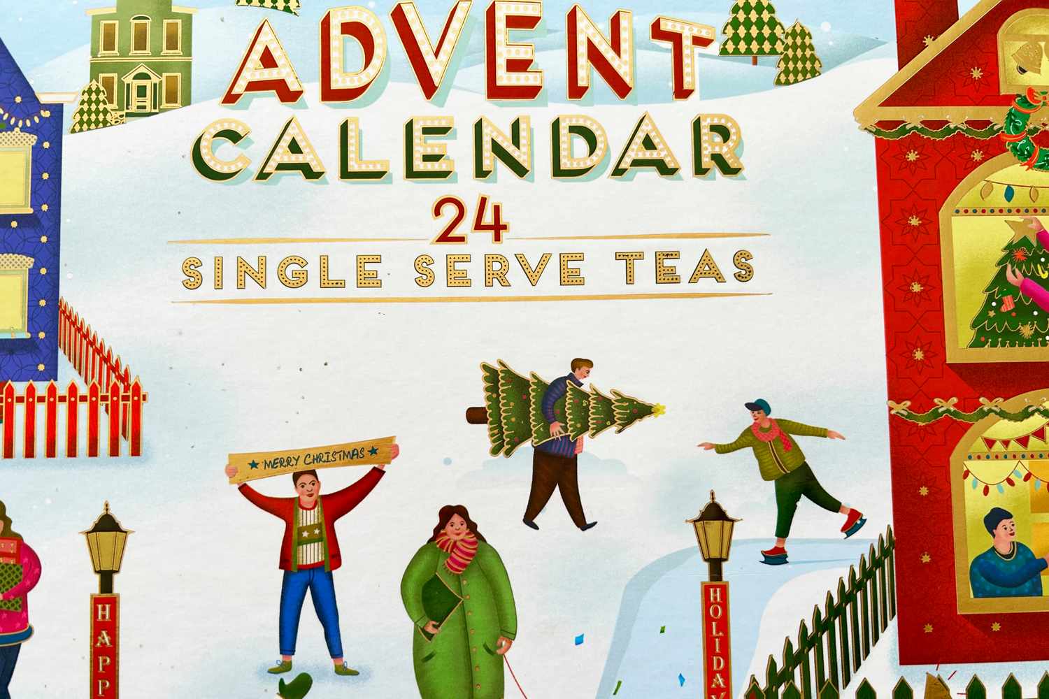 A close-up of the exterior of the Vahdam tea Advent calendar
