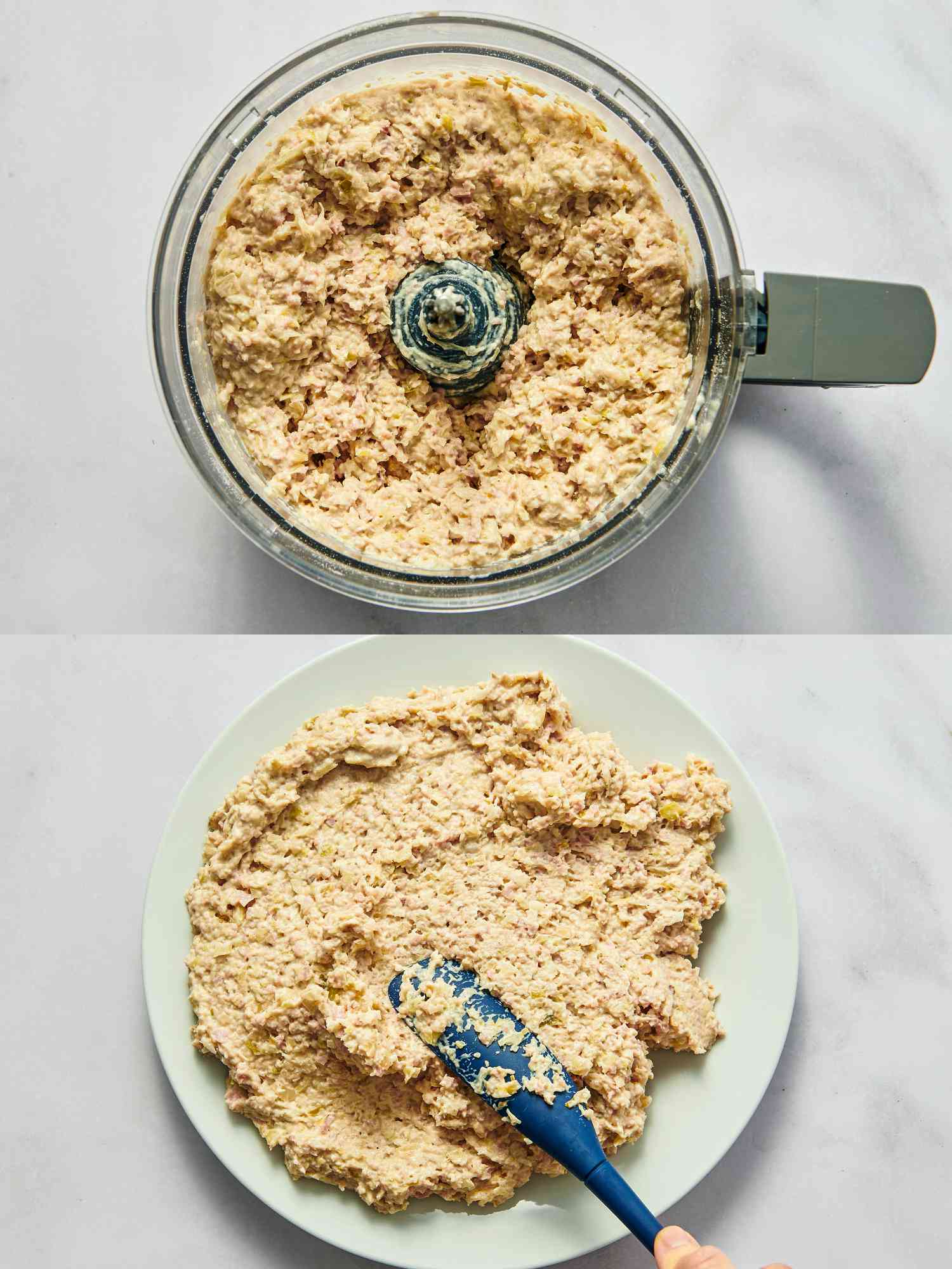 2 image collage. Top: pulsing meat in a food processor. Bottom: Spreading mixture across a plate. 