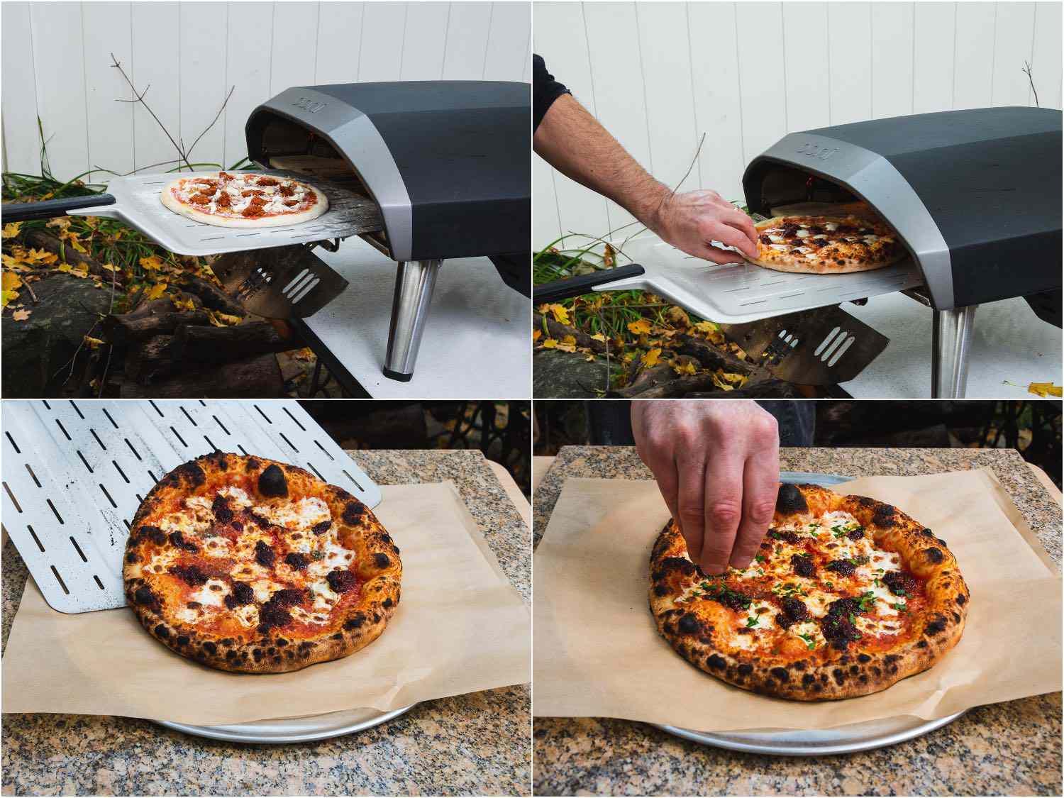 Collage showing nudja pizza being cooked in an outdoor pizza oven