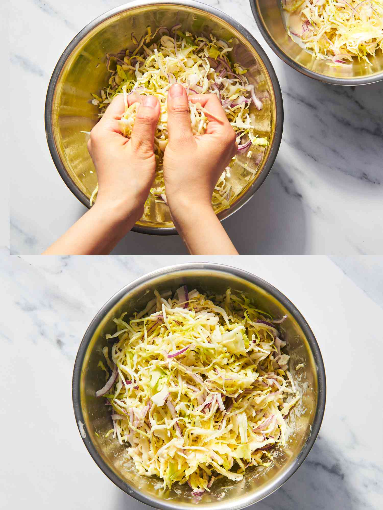 Two image collage of prepping coleslaw