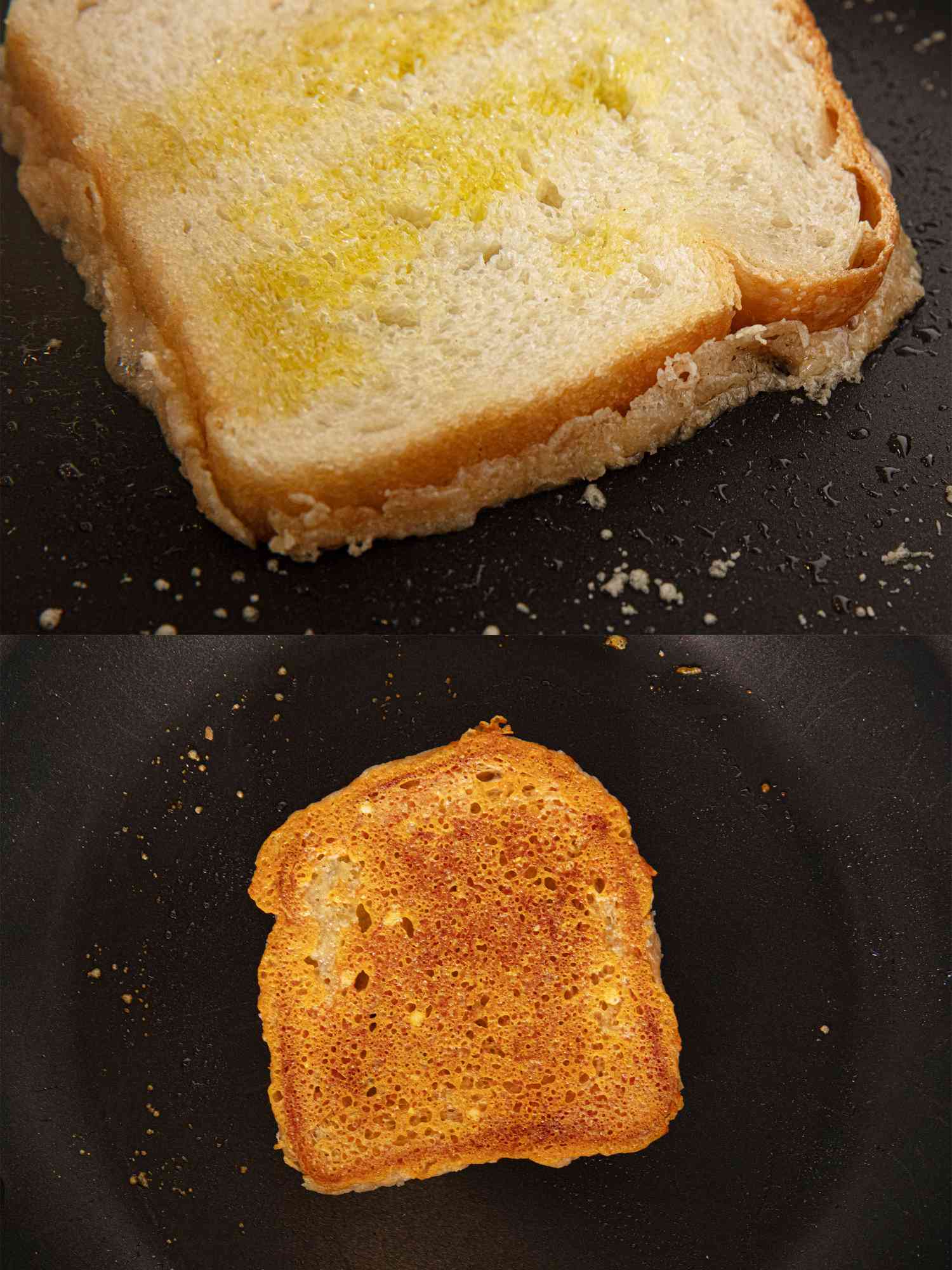 A golden Parmesan frico encasing one side of a slice of sandwich bread in a nonstick skillet