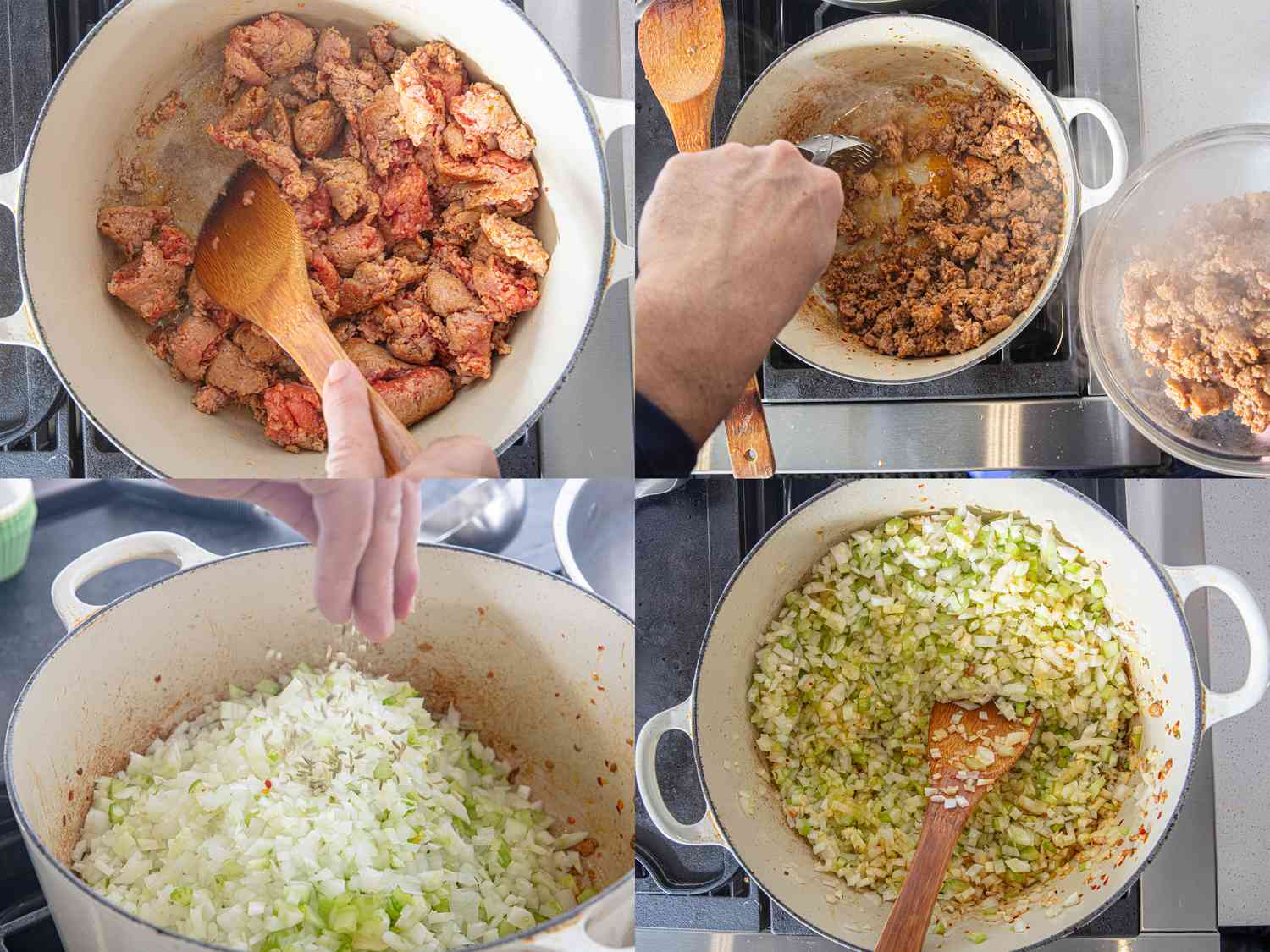 Four image collage of cooking sausage and onions and celey