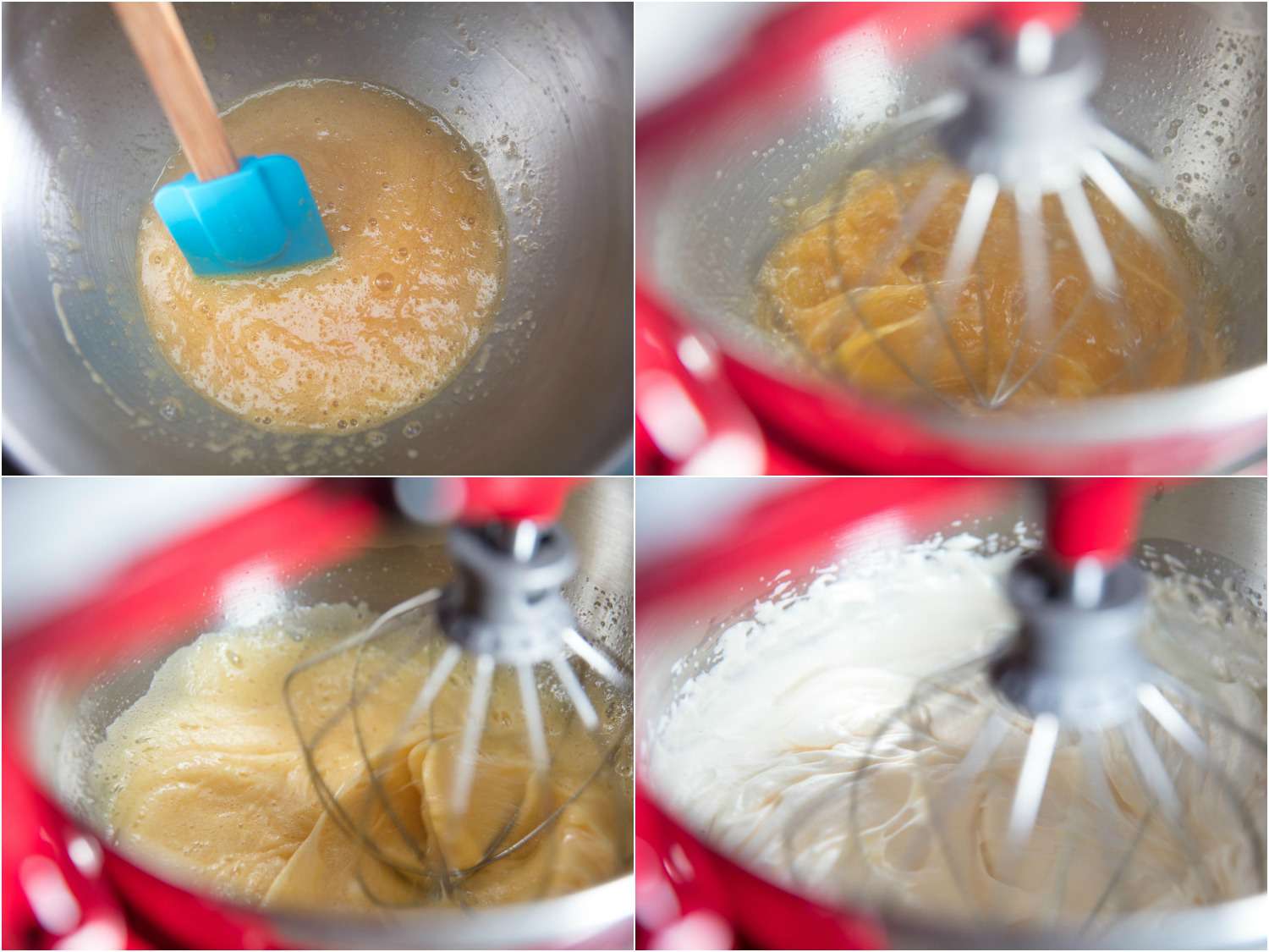 A collage showing the progression of whipping cooked egg mixture for tiramisu.