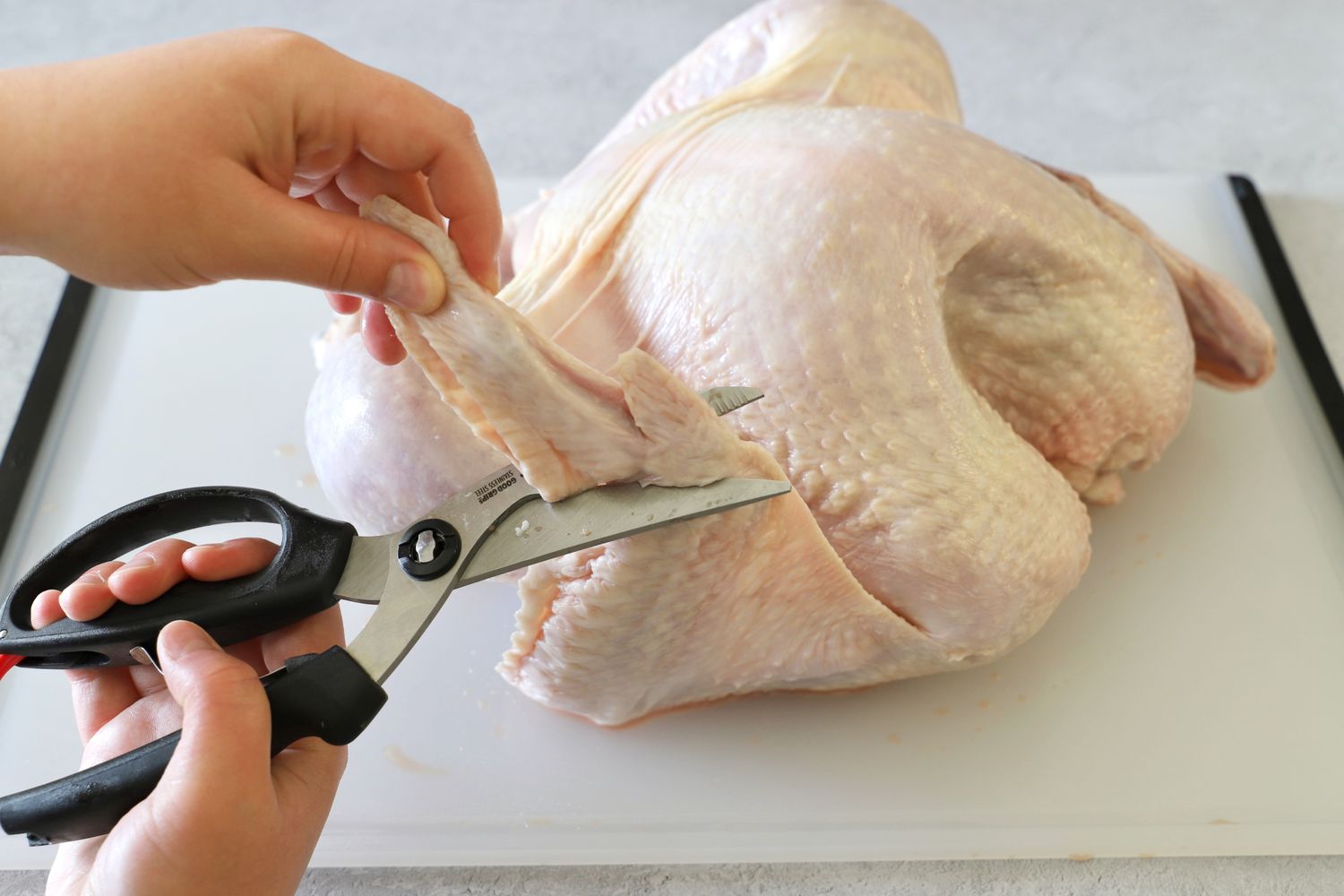 A person using poultry shears to snip off the wing of a chicken.