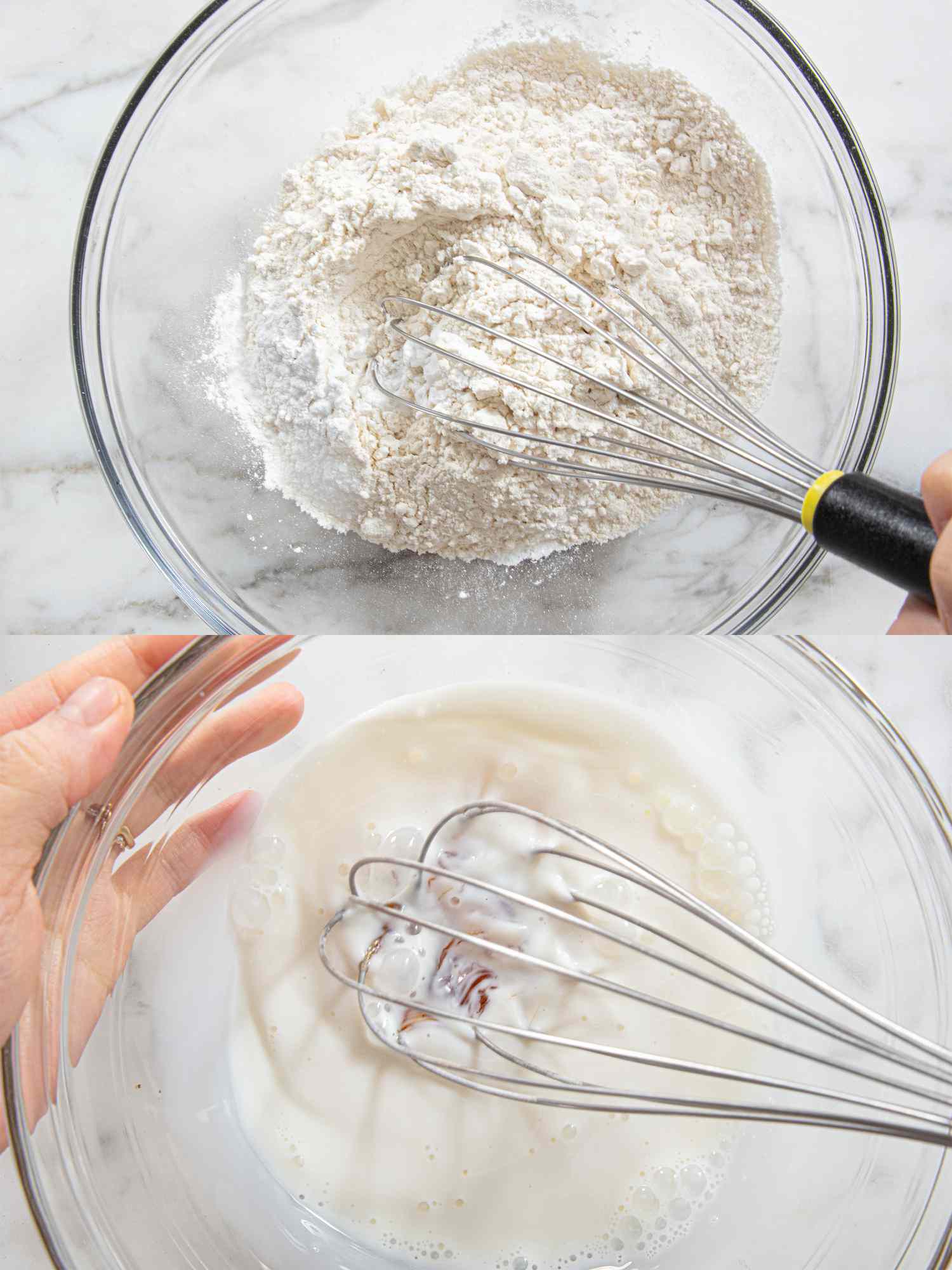 Two image collage of whisking flour and milk and honey
