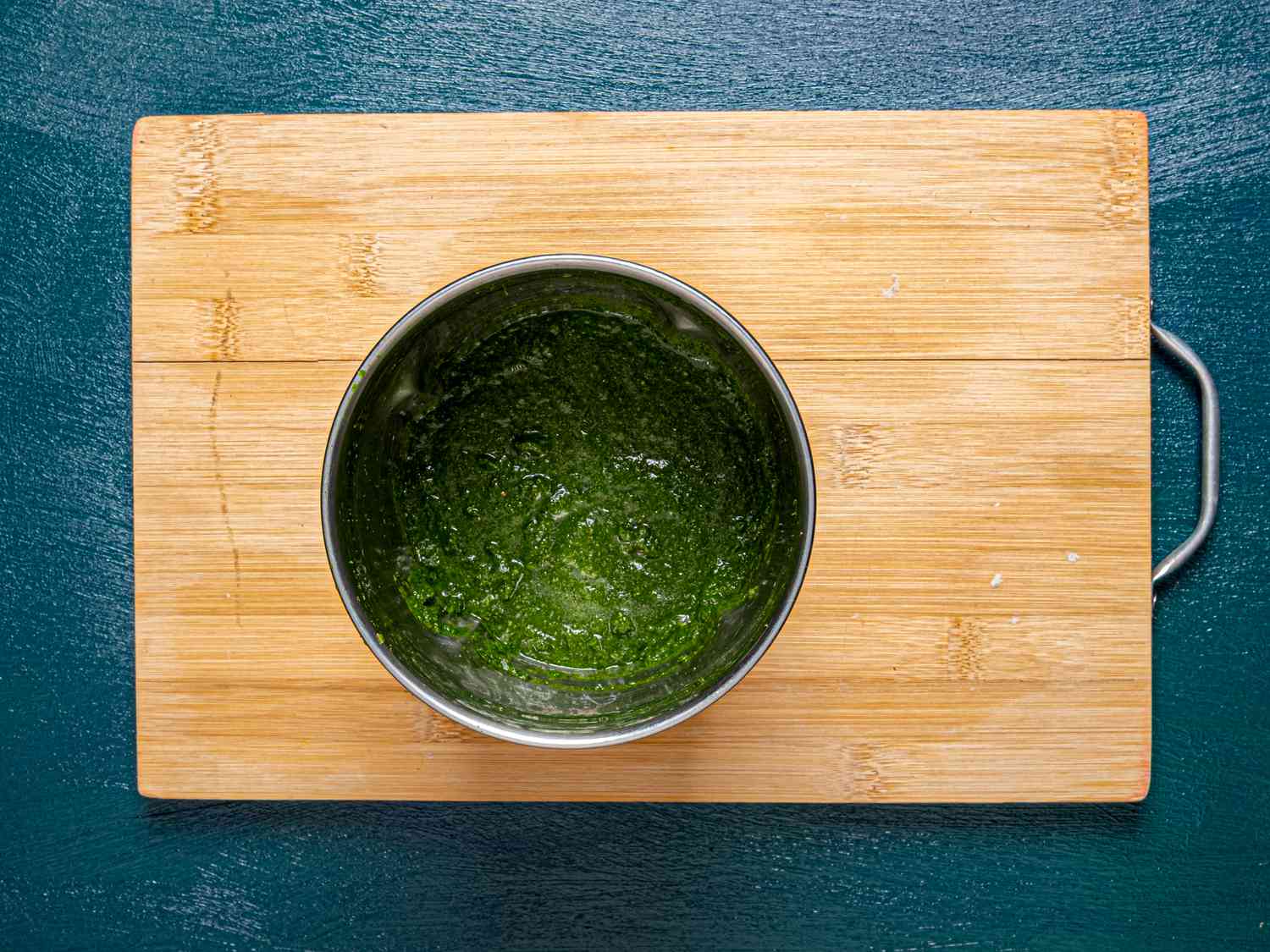 Overhead view of blended mint mixture