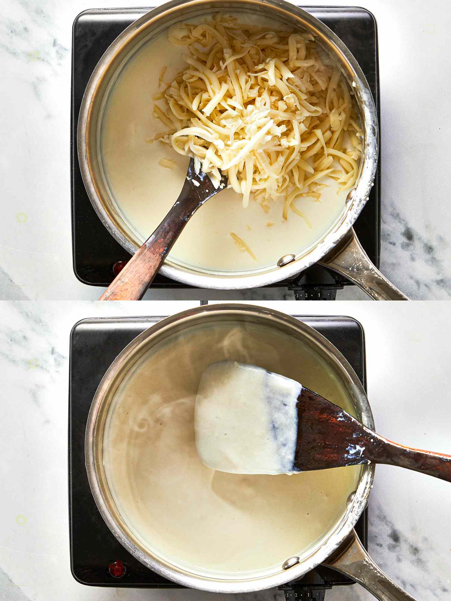 Steps showing cheese melting into a cream sauce in a saucepan on a stove stirred with a wooden spoon