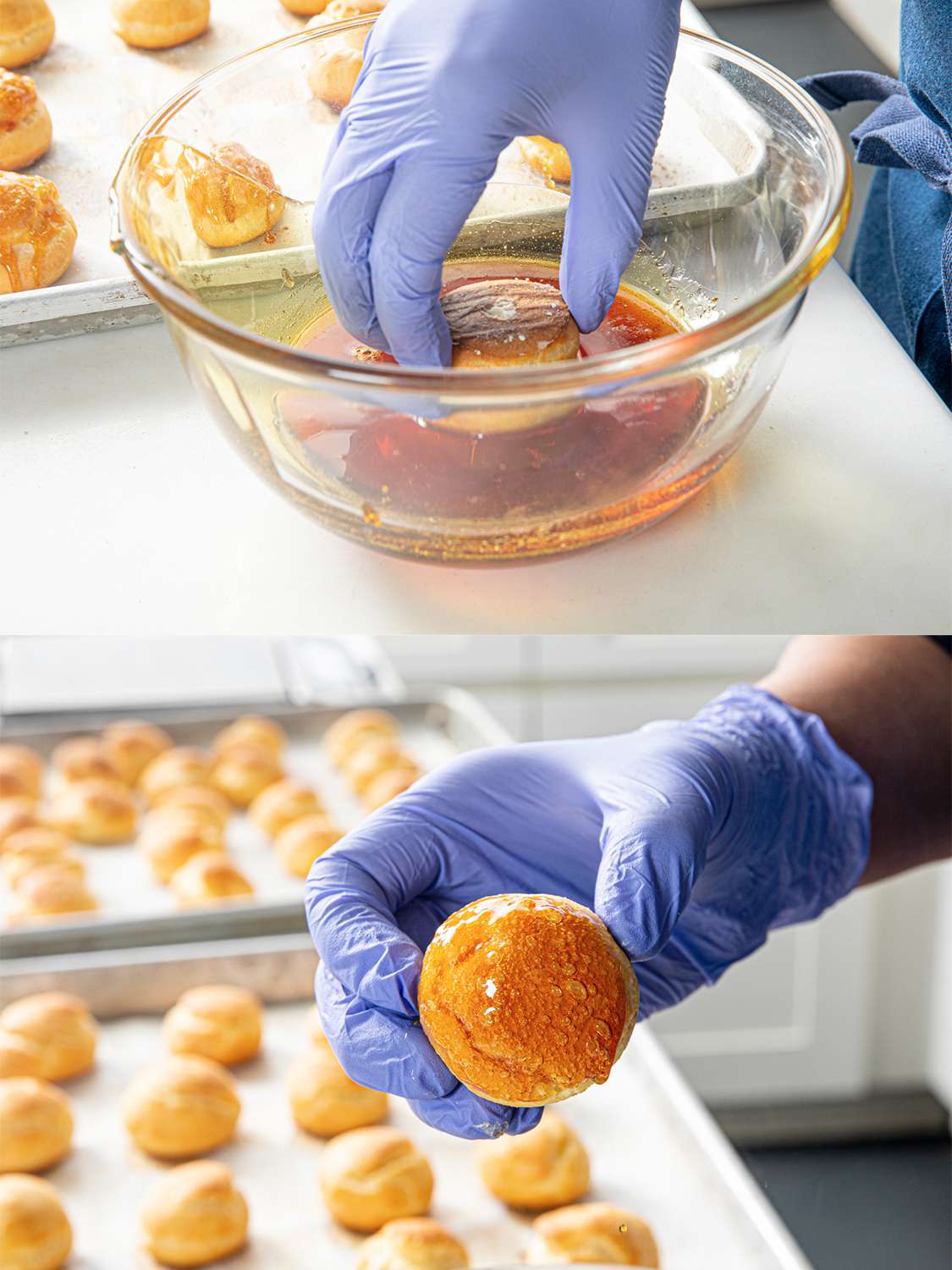 Two image collage of dipping puff into carmel 