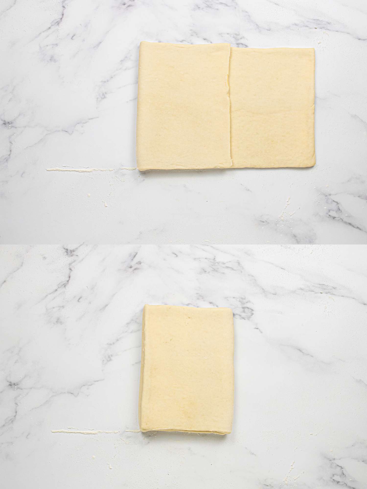 Steps showing folding of dough into a specific shape on a marble surface likely for pastry preparation