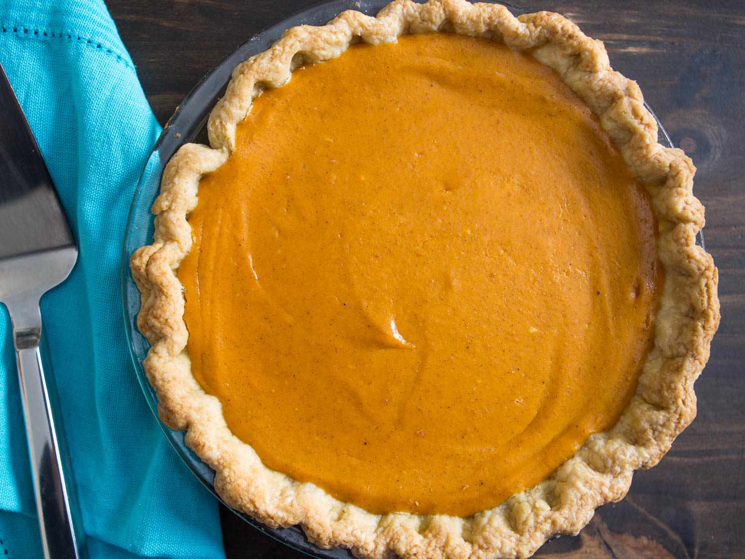 Overhead view of pumpkin pie.