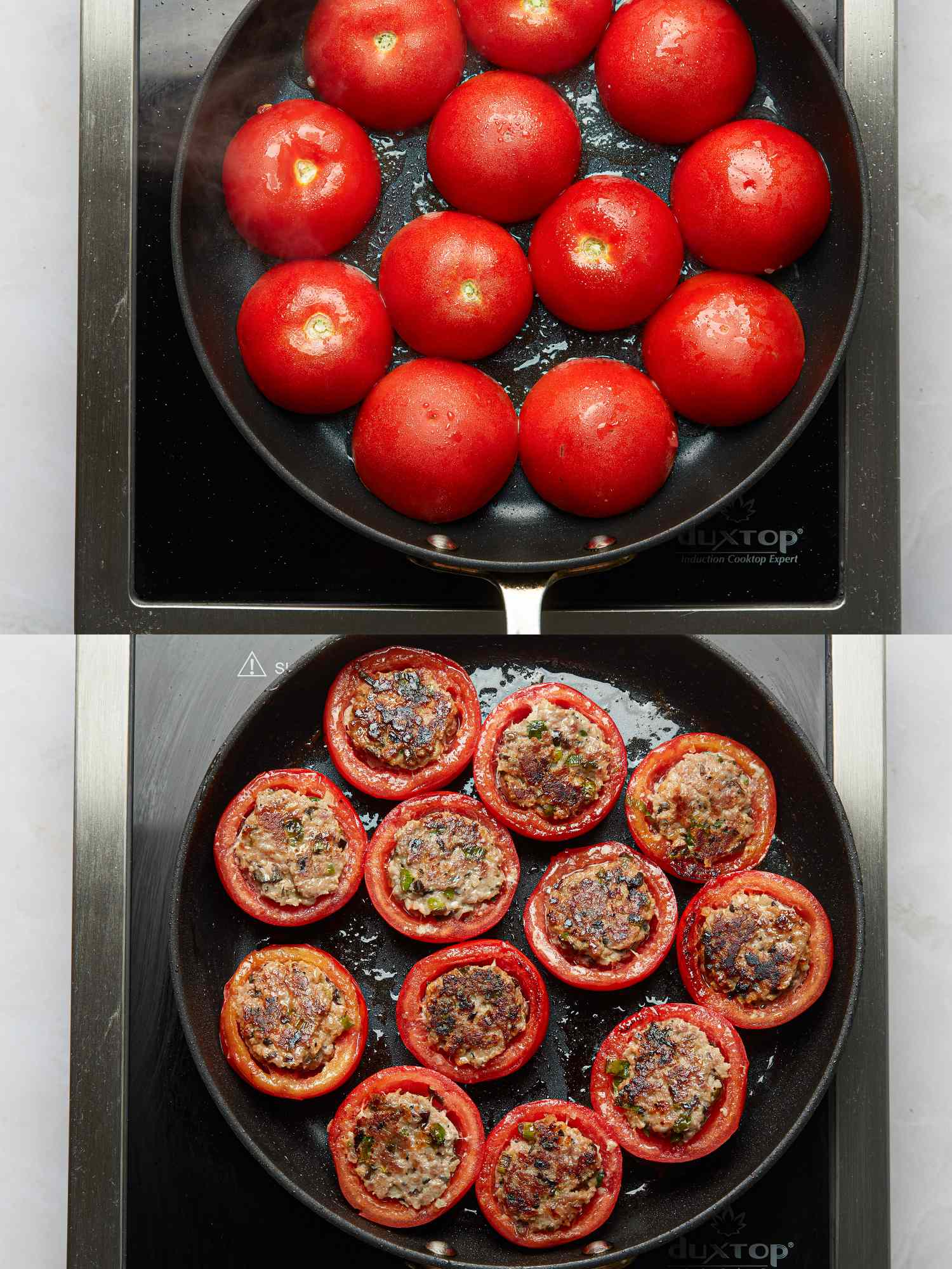 Two cooking pans showing whole tomatoes and tomatoes stuffed with pork