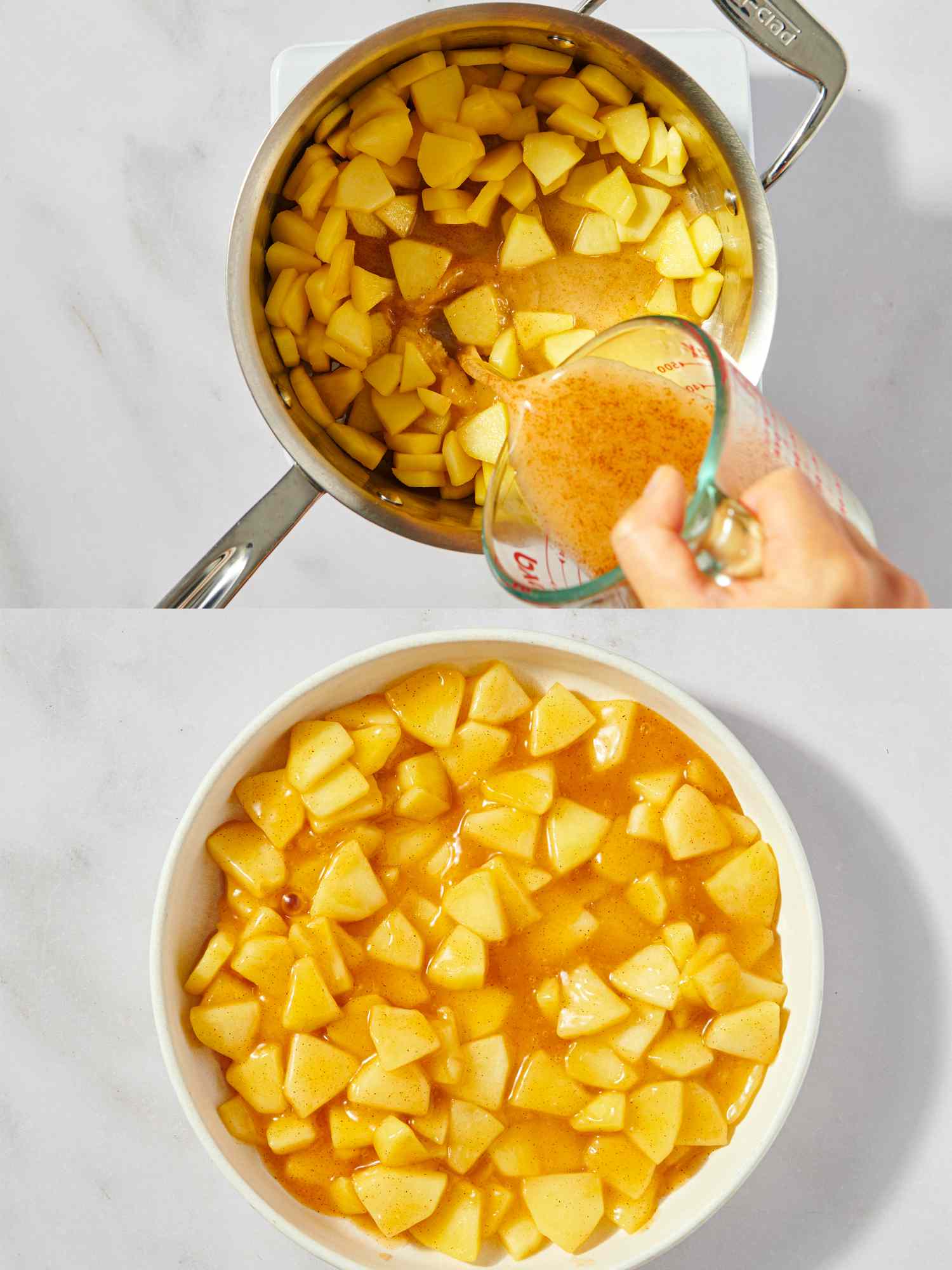 Steps for making apple hand pies showing diced apples being simmered in a pot and then placed in a bowl as filling preparation