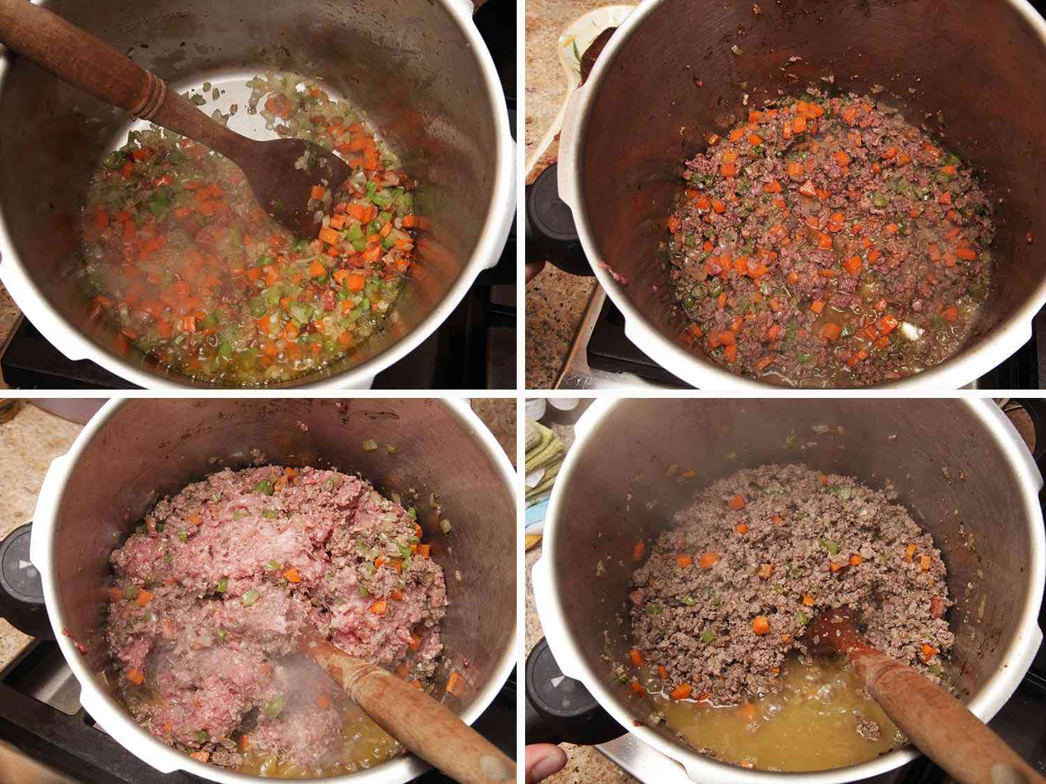 Collage of chicken livers being added to the pressure cooker and cooked down, followed by the beef and pork.