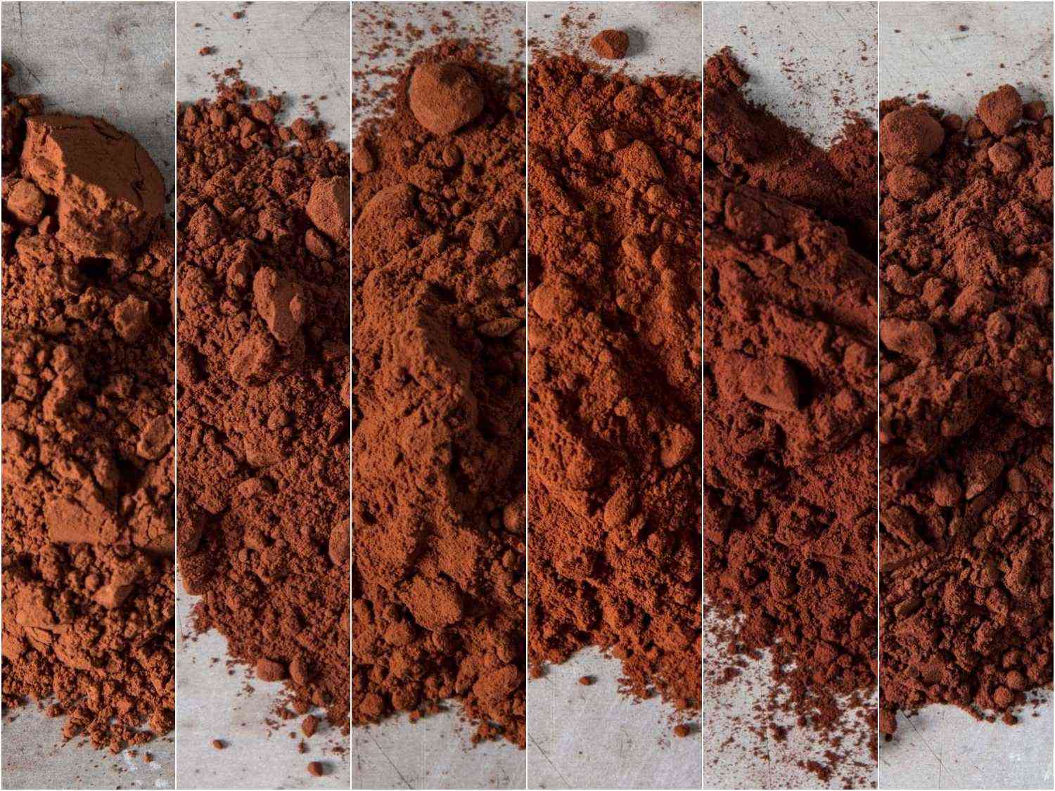 Nu Naturals, Cacoa Barry, Callebaut, Bensdorp, Droste, Valrhona cocoa powders on a countertop