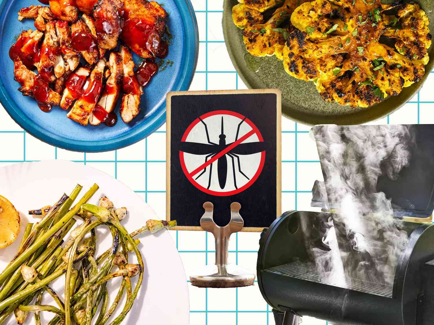 An image with BBQ chicken, cauliflower, garlic scapes, a grill, and a "no mosquitos" sign