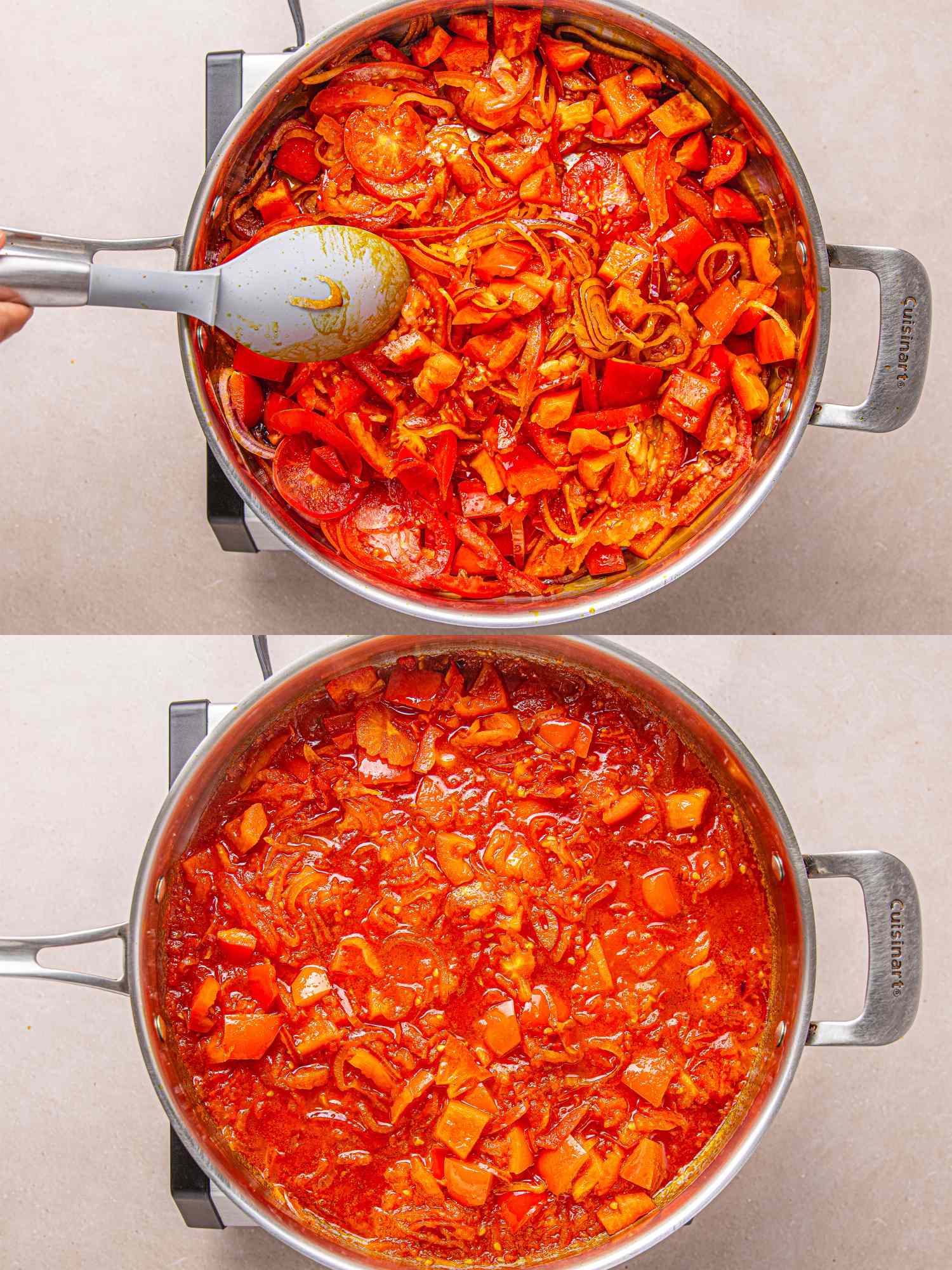 Process of preparing Nigerian egg sauce in a pot ingredients being cooked