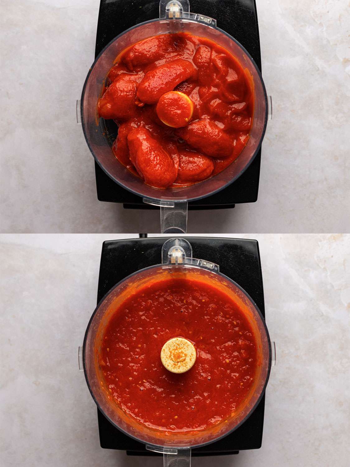 A two-image collage. The top image shows the tomatoes placed into a food processor. The bottom image shows the tomatoes in the food processor, now processed into a chunky puree.