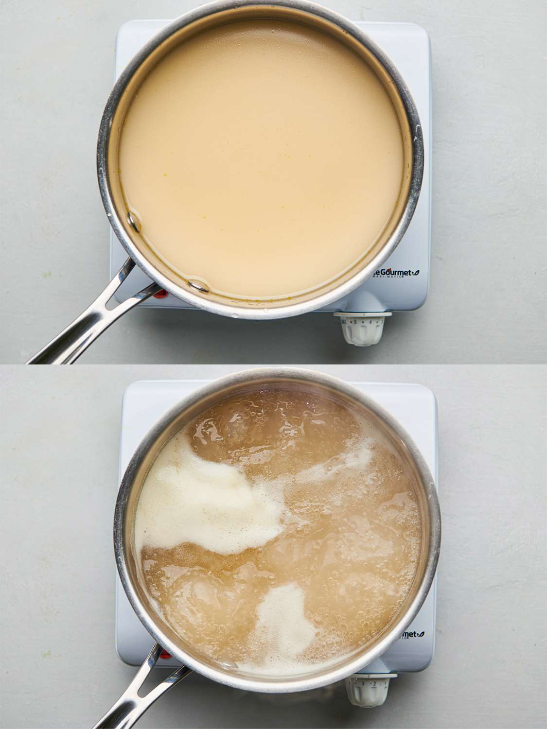 A two-image collage. The top image shows the broth and cornstarch paste combined inside a saucepan over medium-high heat. The bottom image shows the broth, now slightly thickened, reduced to a bare simmer inside a saucepan.