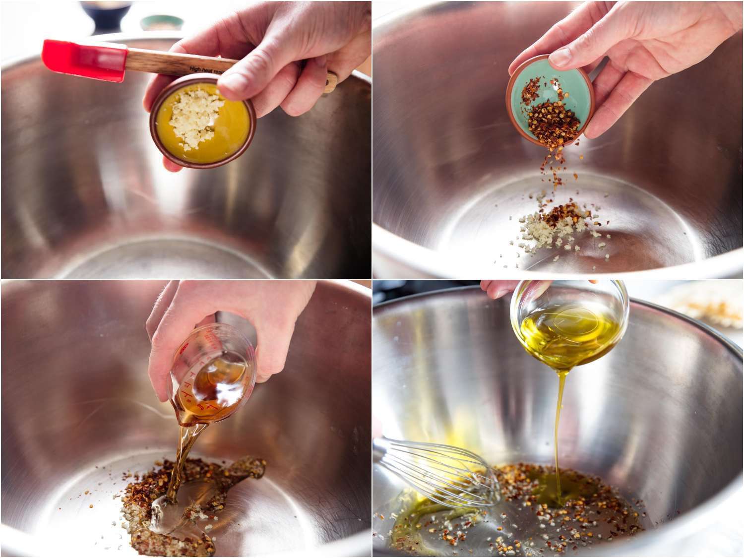 A collage: whisking together the ingredients for the base of the colatura sauce: garlic, pepper flakes, and olive oil. 