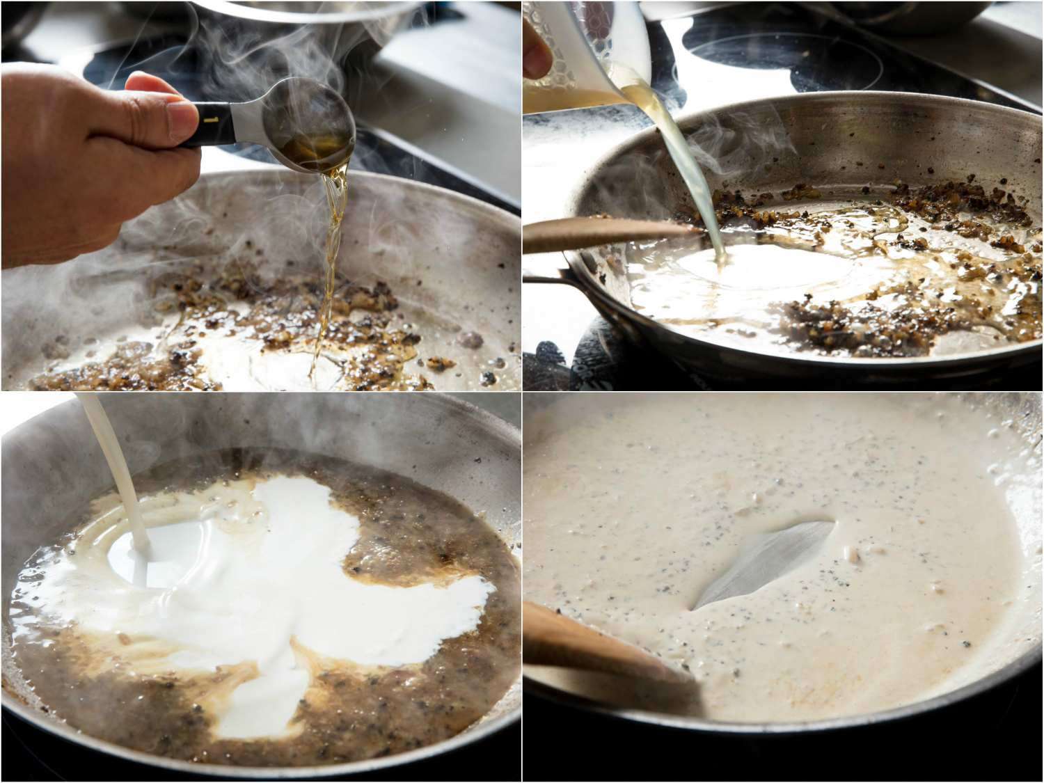 A collage of author making pan sauce. Brandy is added, then stock, and finally cream. The mixture is then stirred to release browned bits from the pan.