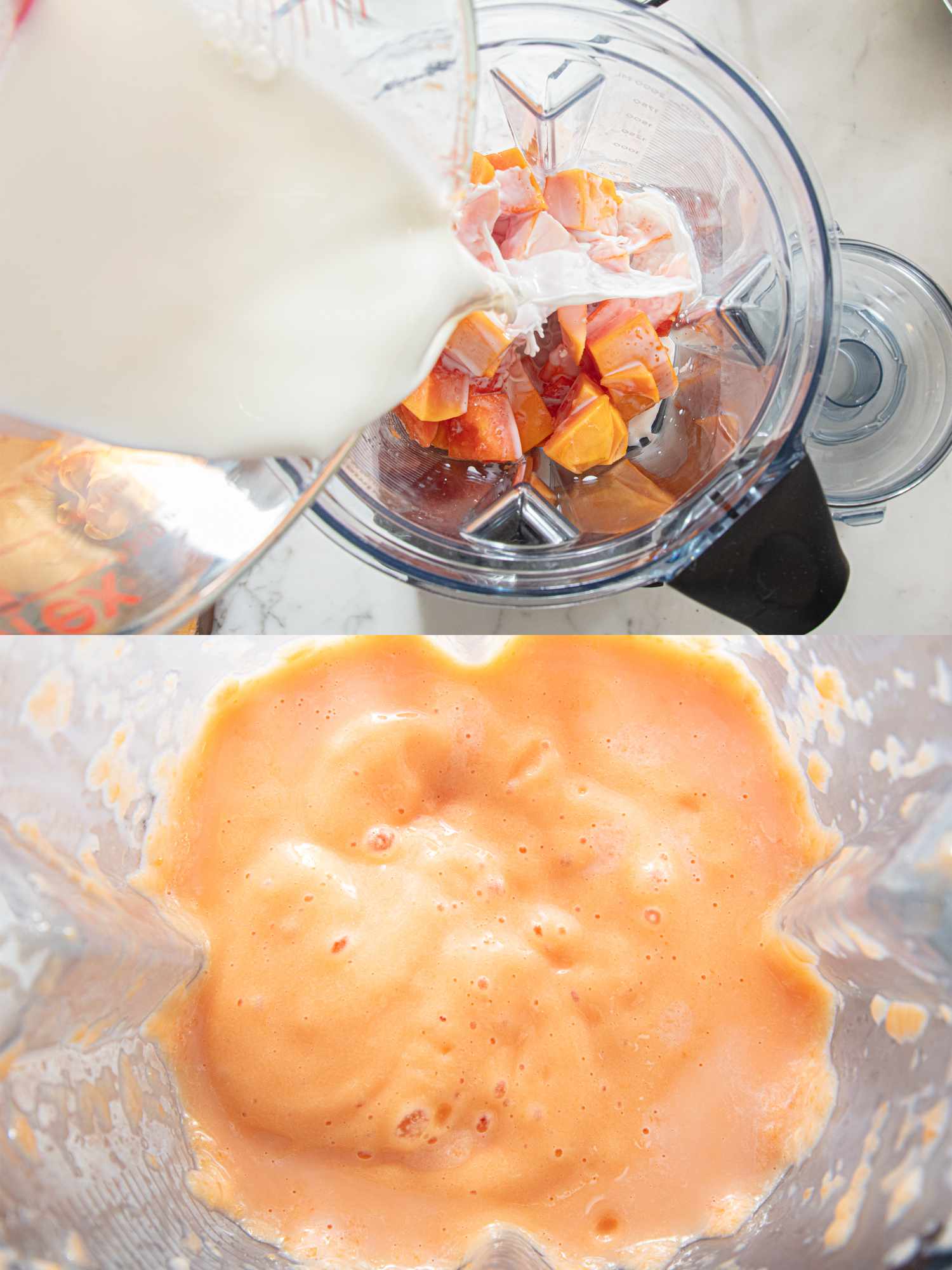 Milk being poured into a blender with fruit chunks blended mixture forming a smoothie in the blender