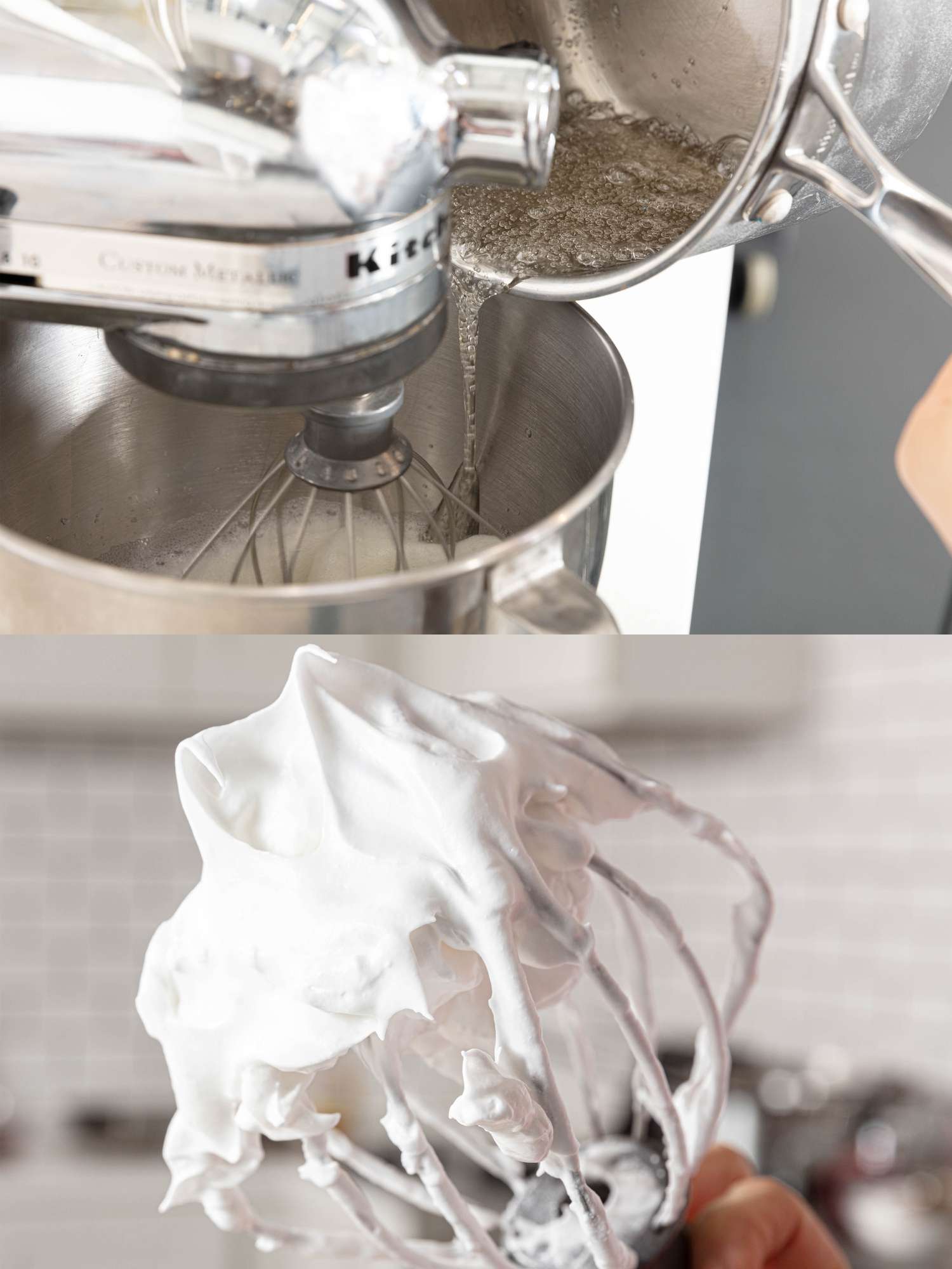 2 image collge. Top: Stand mixer mixing egg whites while sugar syrup is pouring into mixer bowl. Bottom: Whisk of mixed meringue, with visible peaks
