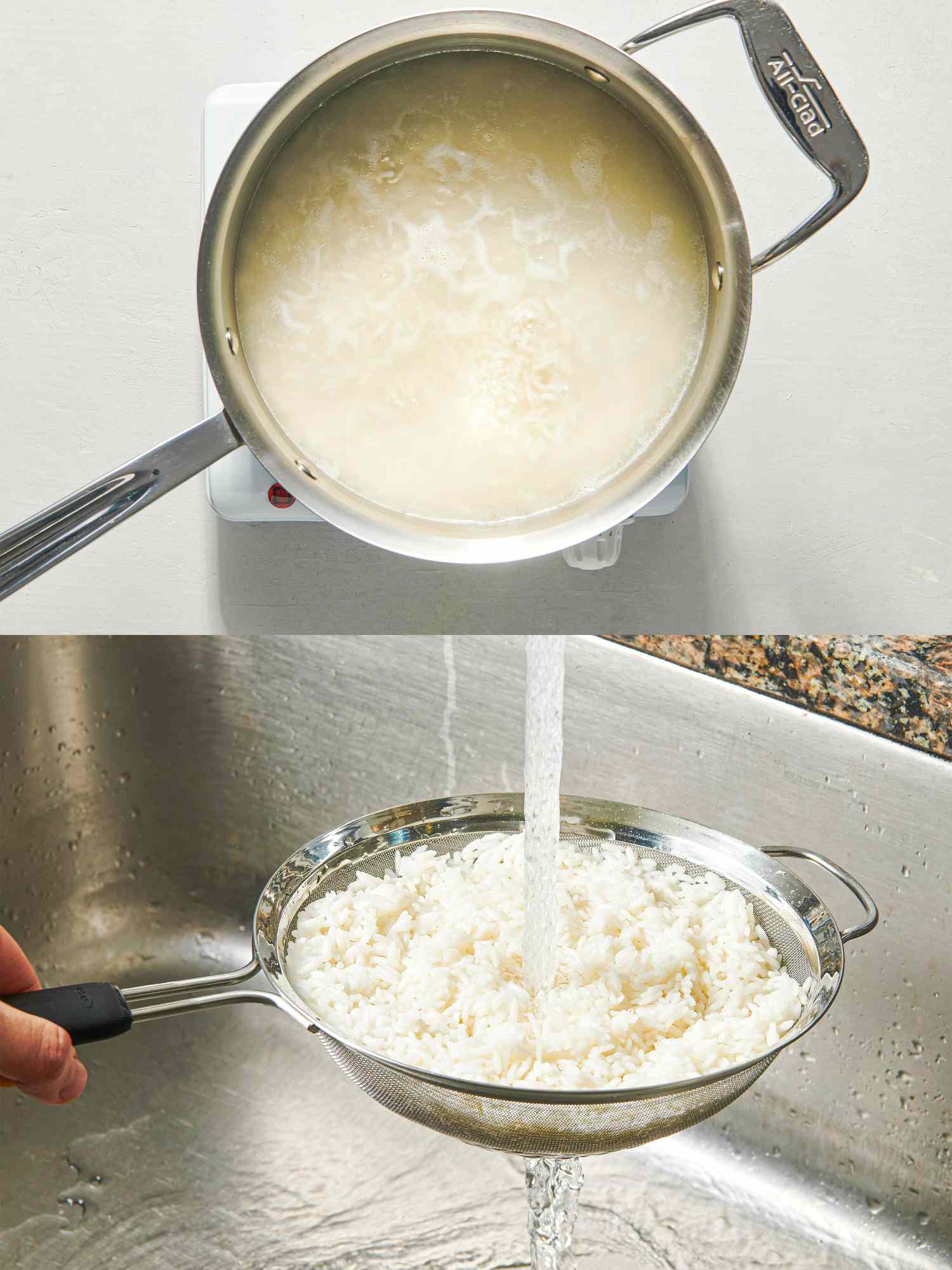 Two image collage of cooking and rinsing rice