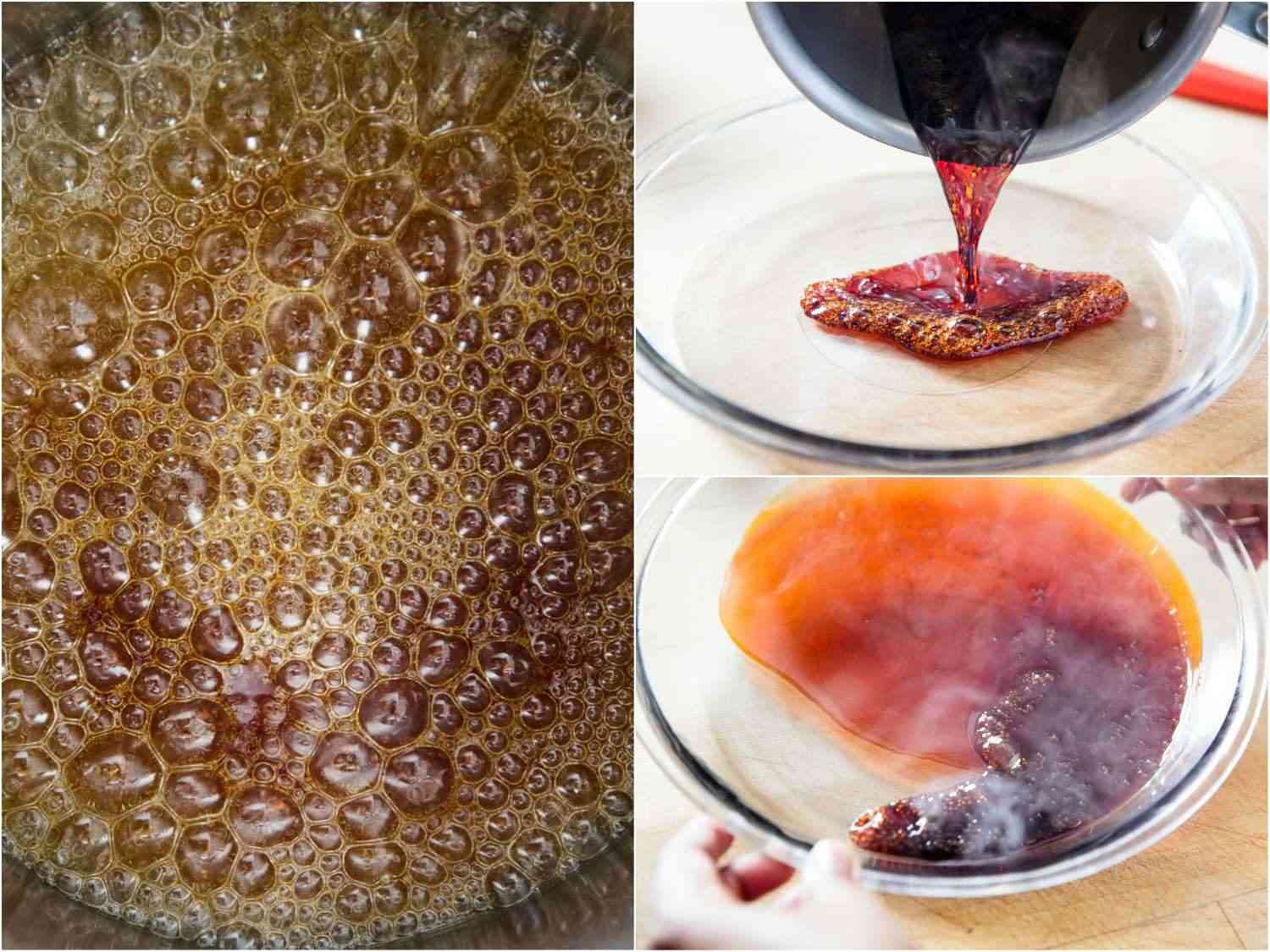 A three-image collage: close-up of caramel syrup boiling until it reaches a very dark color, pouring the syrup onto a baking dish and swirl it around to distribute evenly. 
