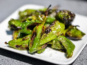 Closeup of grilled Padrón peppers on a small square plate.