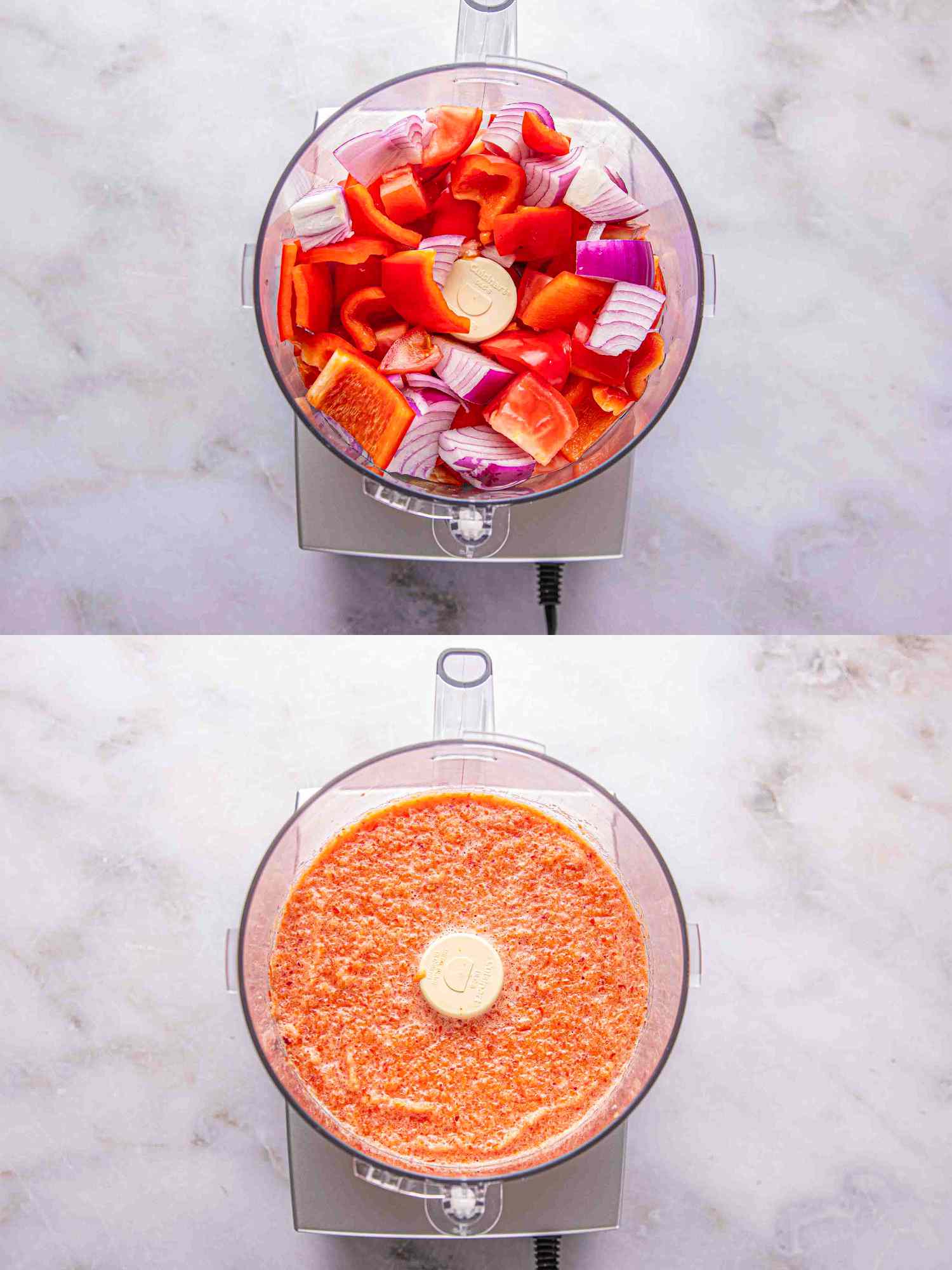 Two image collage of onion and red peppers in a food processor