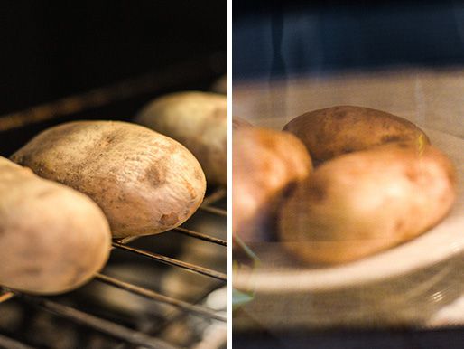A split image showing russet potatoes being baked in an oven and microwaved, respectively.