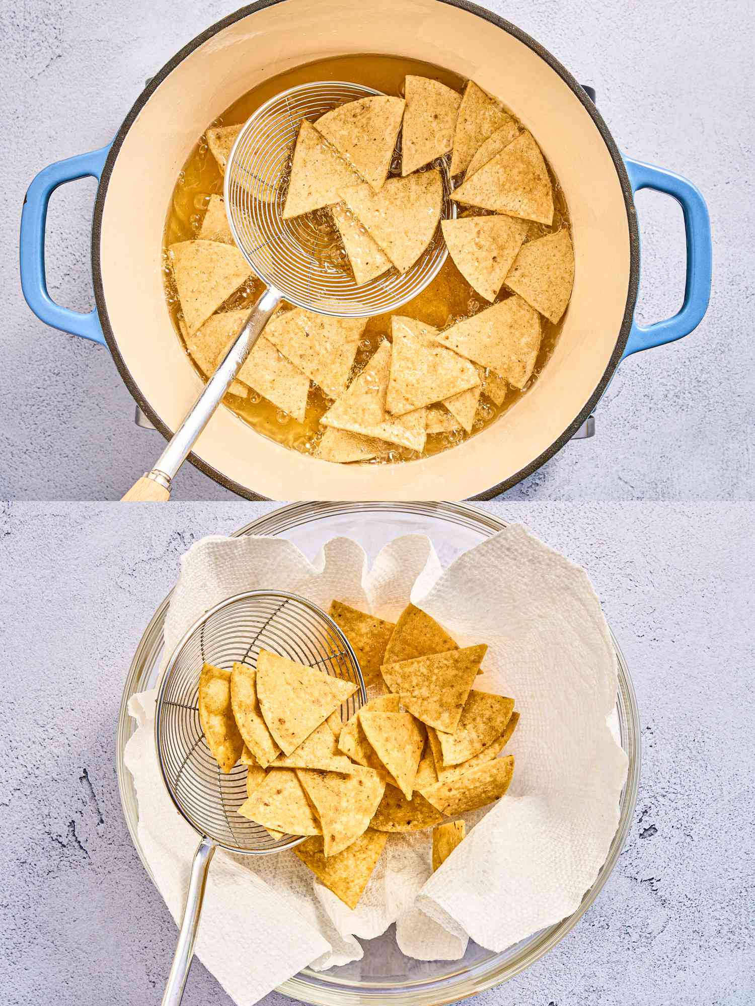 2 image collage. Top: tortilla chips frying in an dutch oven with a ladle. Bottom: chips on paper towel lined bowl