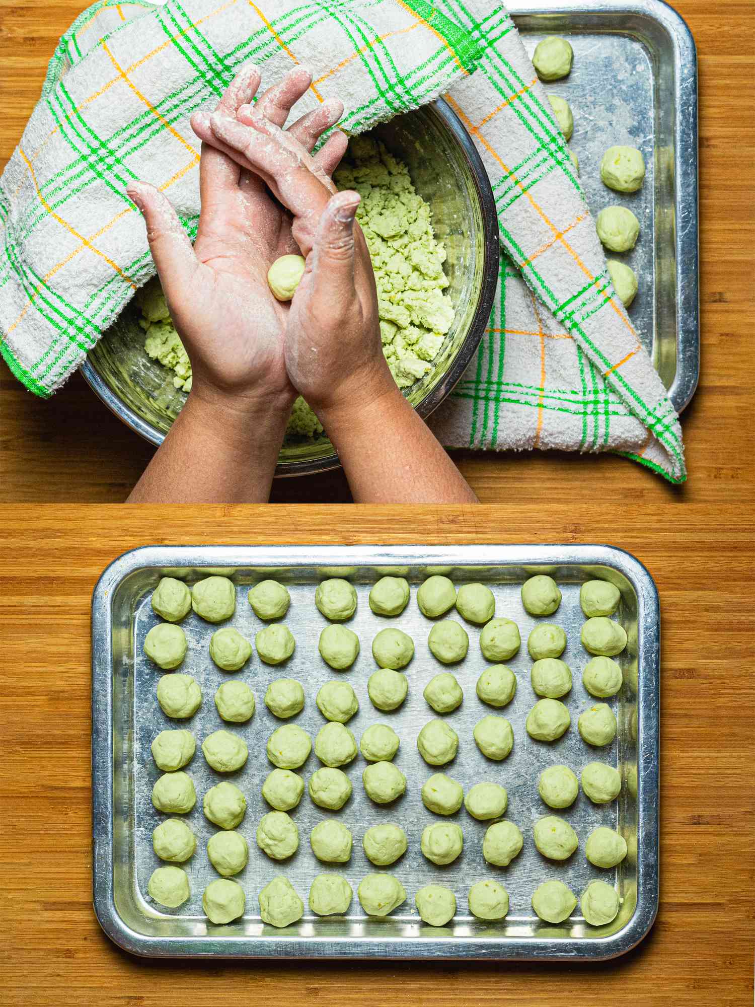 Two image collage of rolling onde-onde dough between hands and finished dough balls on a platter