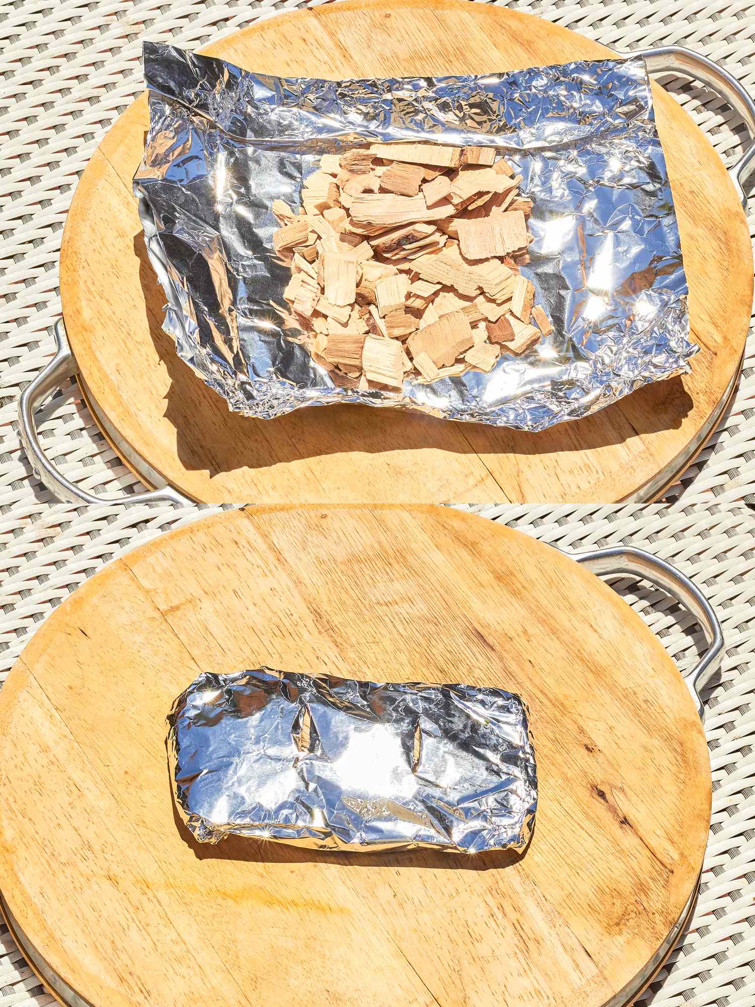 Foil packet being prepared with wood chips and wrapped on a wooden surface