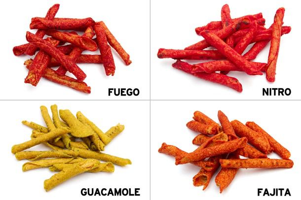 Grid of four Takis flavors: Fuego, Nitro, Guacamole, and Fajita