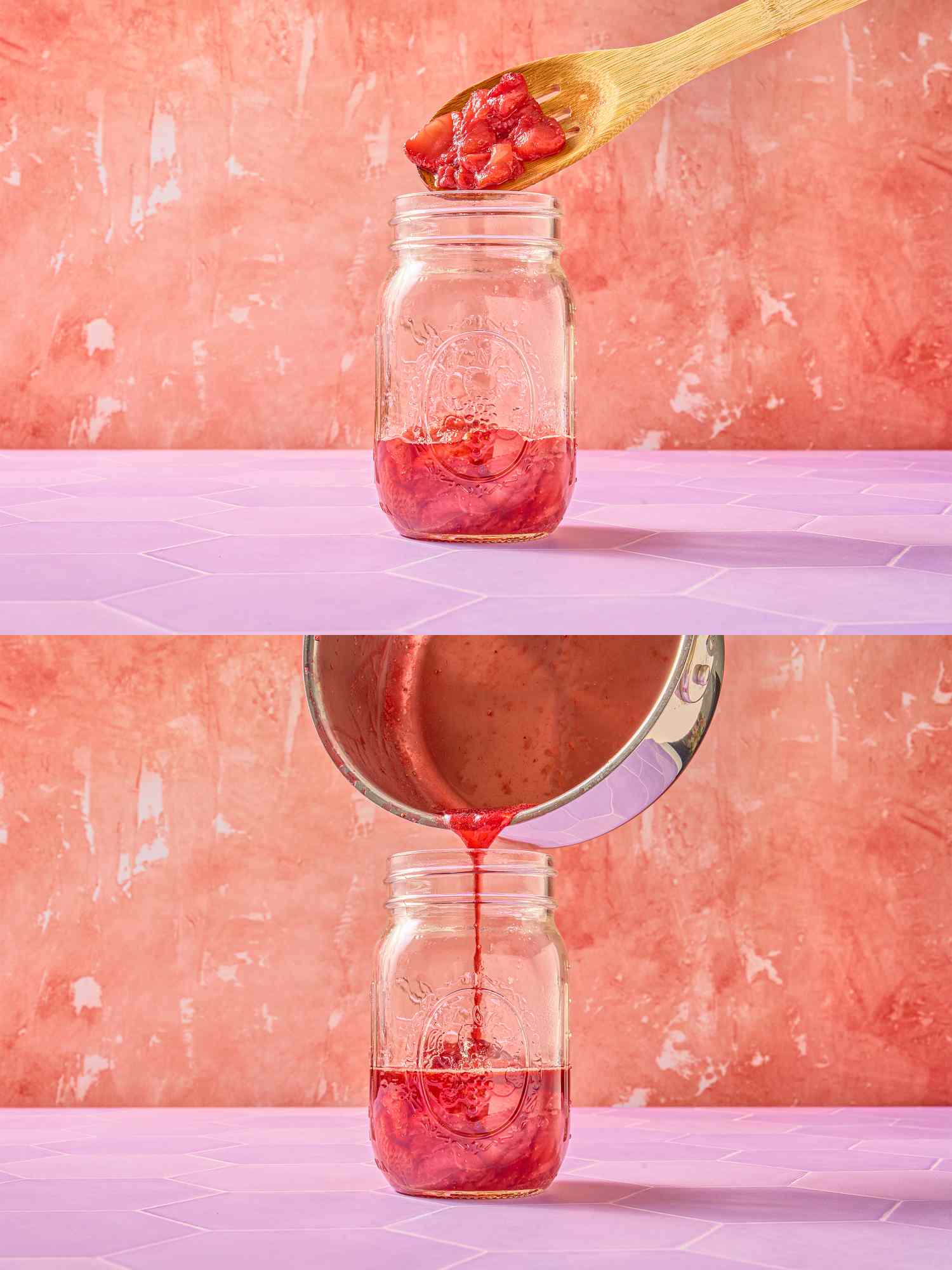 Two steps in making a strawberry drink showing mashed strawberries in a jar and pouring juice into the jar