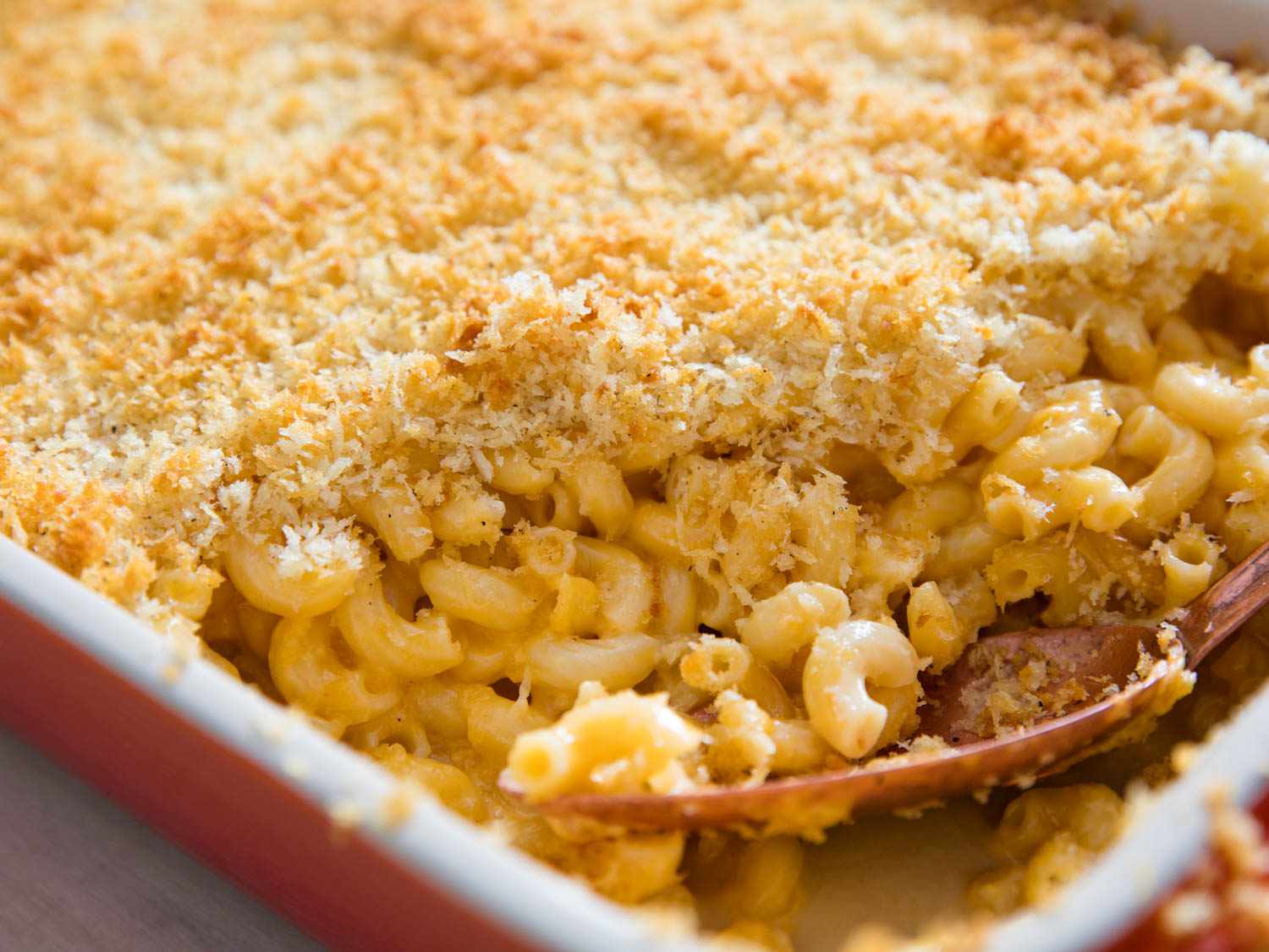 Close-up of a dish of baked macaroni and cheese.