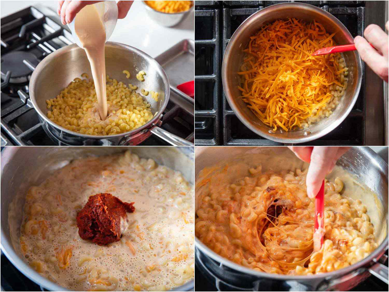 A four-image collage: The top left image shows evaporated milk being poured into the pot of macaroni. The top right image shows stirring shredded cheese into the mixture. The bottom left image shows 'nduja added to the mixture. The bottom right image shows stirring the mixture with a spatula. 